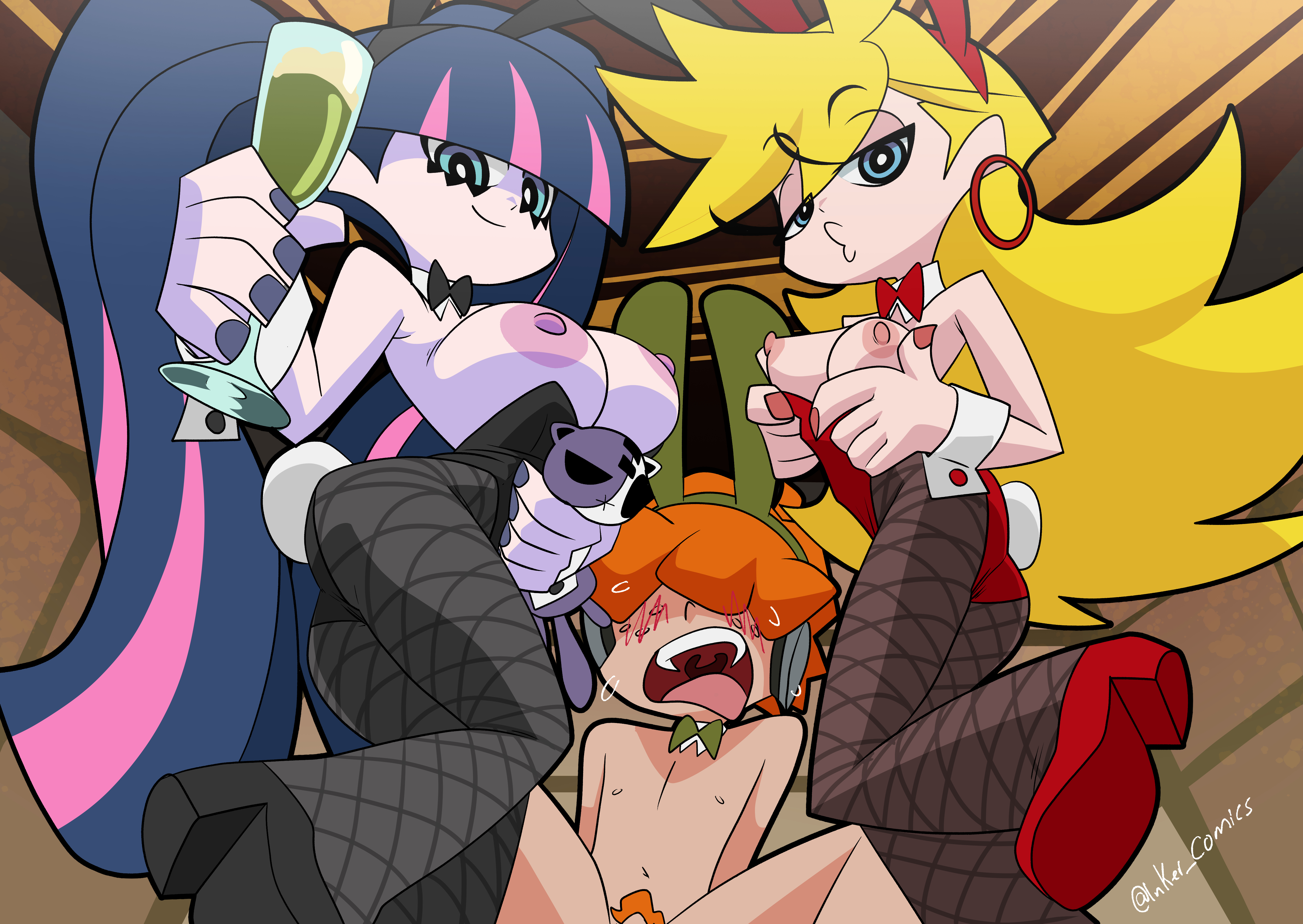 1boy, 2girls, accurate art style, alcohol, areola, areolae, artist name, artist signature, ass, bangs, bedroom eyes, blonde, blonde hair, blowing kiss, blue eyes, blue hair, blush, blushing, bowtie, breasts, breasts out, breasts out of clothes, breasts outside, briefers rock, bunny boy, bunny ears, bunny girl, bunny tail, bunnysuit, busty, calves, carpet matching drapes, cartoony, clothed, clothed female, clothed female nude male, clothes, clothing, color, colored, coolerinker, earrings, embarrassed nude male, exposed breasts, eye contact, eyelashes, eyes covered, female, female focus, fingernails, fishnet, fishnet legwear, fishnet stockings, fishnets, goth, hair over eyes, hands on breasts, hands on own chest, headphones, heels, hi res, high heels, high resolution, highres, holding glass, hoop earrings, inker comics, inkershike, kissy face, large areolae, large breasts, leg up, legs, leotard, leotard pull, light skin, light-skinned female, light-skinned male, long hair, looking at viewer, looking down, looking down at viewer, male, medium breasts, mostly clothed, mouth open, multicolored hair, nipples, nude, nude male, nude male clothed female, open mouth, painted nails, pale skin, pale-skinned female, panty & stocking with garterbelt, panty anarchy, pink hair, pose, posing, pubic hair, puckered lips, purple nails, red hair, red nails, redhead, short hair, showing breasts, showing off, side view, signature, smile, smiling at viewer, stocking anarchy, stockings, straight hair, teeth, teeth showing, teeth visible, thighs, tongue, trio, very long hair, wine, wine glass, wrist cuffs