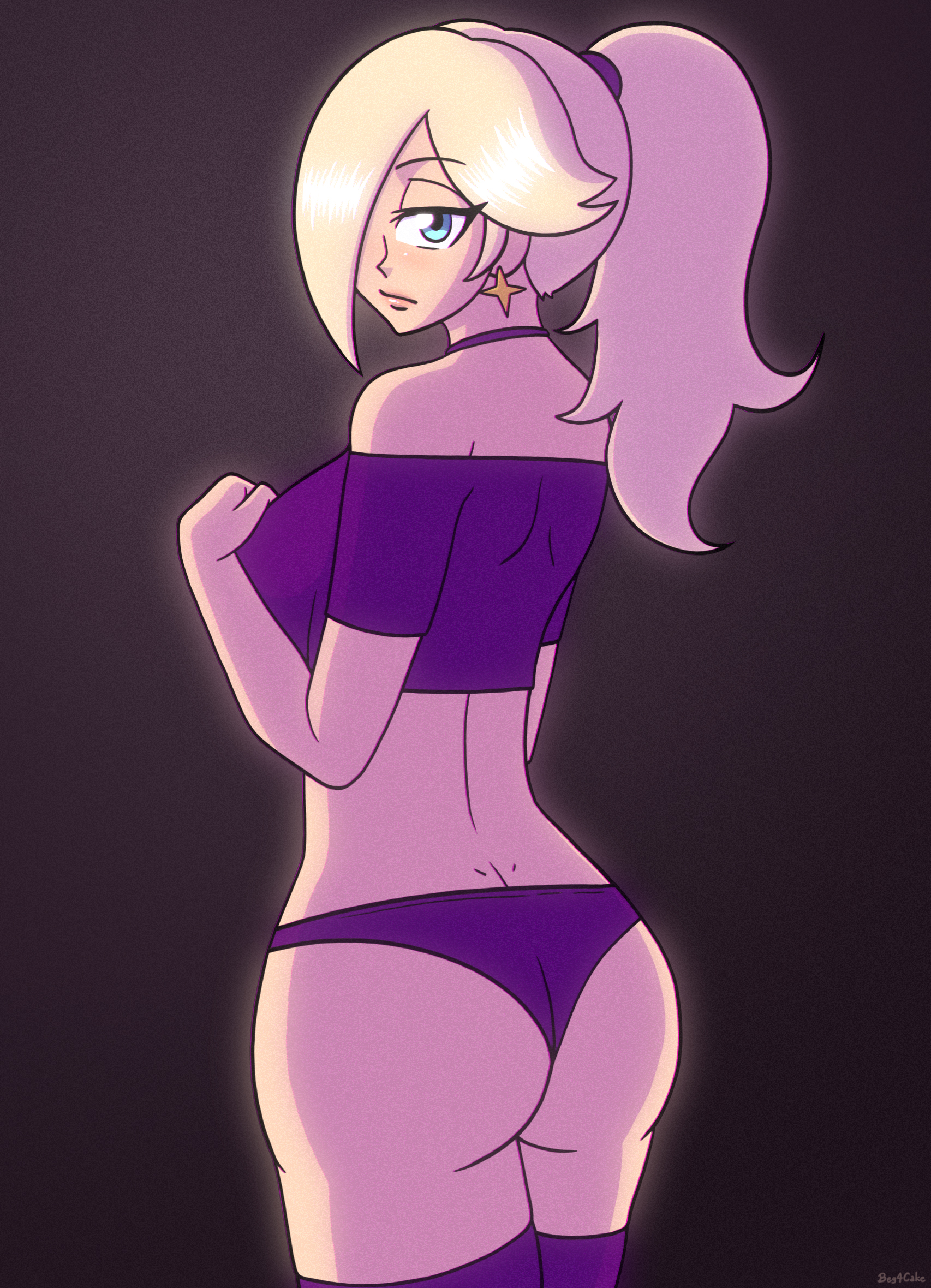 1girls, ass, bedroom eyes, beg4cake, big ass, big breasts, big butt, blonde hair, blue eyes, breasts, cyan eyes, earrings, female, hair over one eye, hand on breast, looking at viewer, looking back, mario (series), nintendo, panties, platinum blonde hair, ponytail, princess rosalina, purple panties, sideboob, stockings, thick thighs, thighhighs, underwear, unhappy female