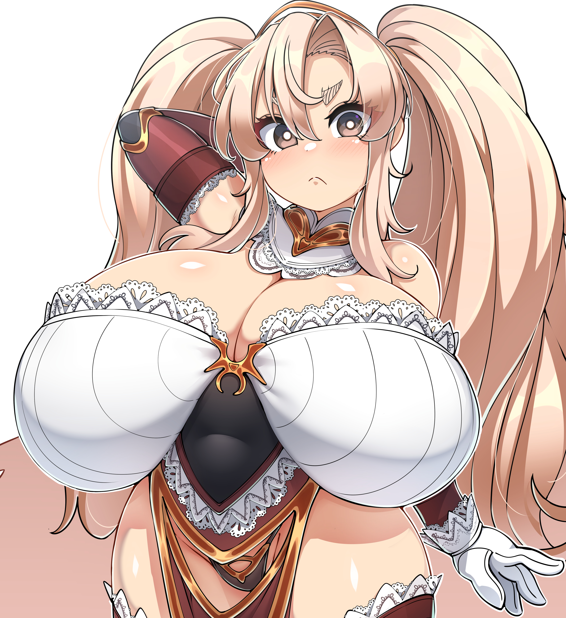 :<, 1girls, absurdres, arm behind head, bangs, blonde hair, blush, boots, breasts, brown eyes, cleavage, closed mouth, cowboy shot, curvy, detached collar, dwarf princess (konoshige), elbow gloves, female, female only, frown, gigantic breasts, gloves, groin, hair over shoulder, highres, konoshige (ryuun), lace, long hair, looking at viewer, original, panties, pelvic curtain, ryuun (stiil), shiny, shiny hair, shiny skin, shortstack, sidelocks, skindentation, slight blush, solo, standing, thick eyebrows, thick thighs, thigh boots, thighhighs, thighs, twintails, underwear, unhappy female, very long hair, wide hips