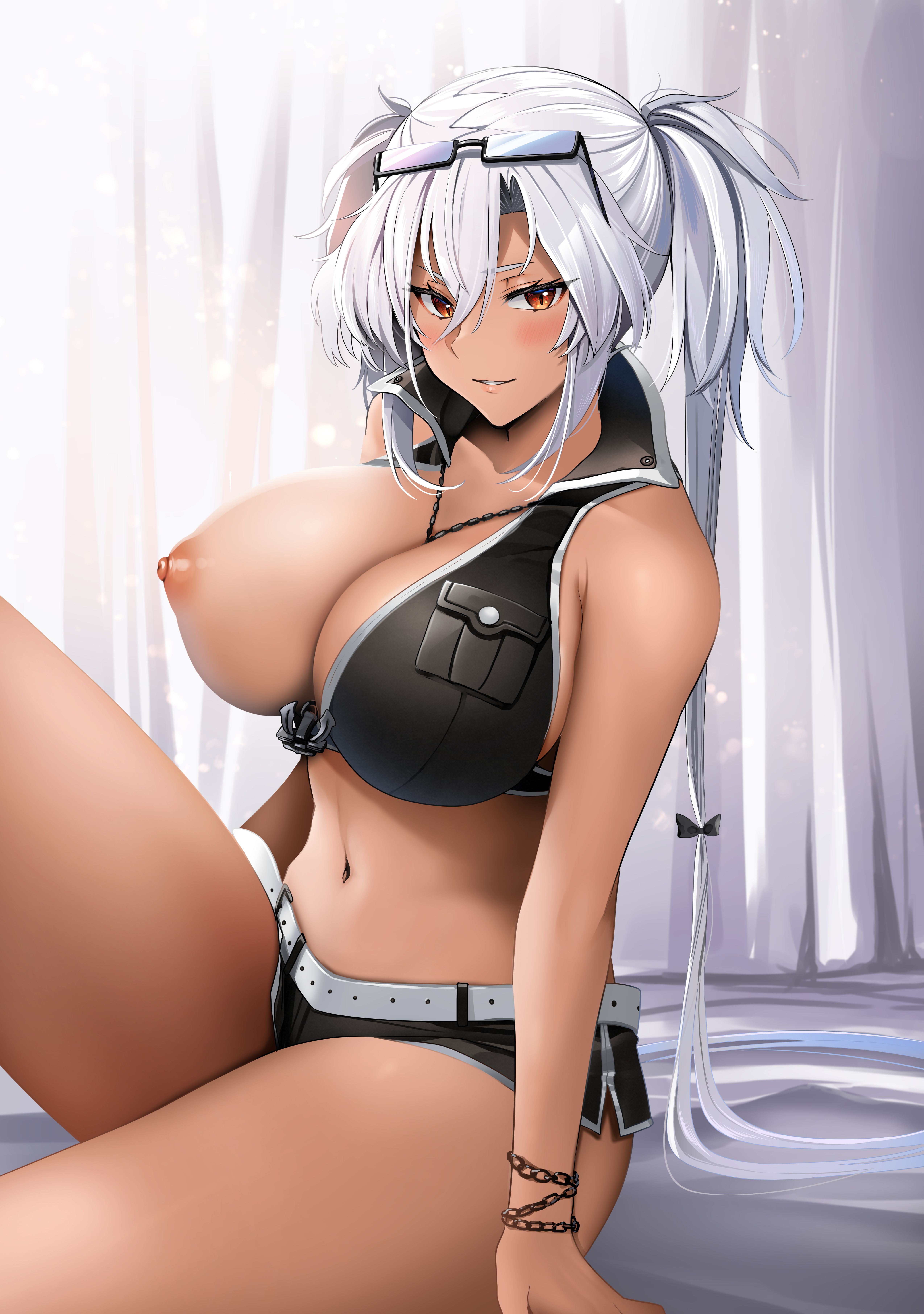 1girls, alternative costume, belt, big breasts, black shorts, black-framed eyewear, blouse, blush, breast pocket, breasts, cleavage, clothing, dark skin, dark-skinned female, eyelashes, eyeliner, eyewear on head, female, female only, flashing breasts, front-tie top, glasses, hair between eyes, hi res, kantai collection, large breasts, long hair, makeup, megane, musashi (kantai collection), navel, necklace, nipples, no bra, open clothes, open shirt, pocket, red eyes, shirt, short hair, short shorts, shorts, silver hair, smile, solo, two side up, undressing, white belt, white hair, yunamaro