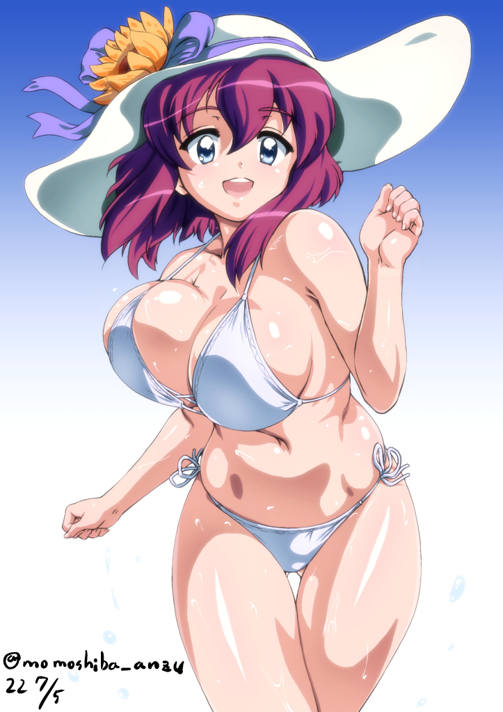 1girls :d bikini blue_background blue_bow blue_eyes bouncing_breasts bow breasts cleavage dated female flower gradient gradient_background hat hat_bow hat_flower henrietta_de_tristain large_breasts looking_at_viewer medium_hair nafta open_mouth purple_hair running shiny shiny_skin side-tie_bikini simple_background smile solo sun_hat swimsuit thigh_gap thighs twitter_username wet white_background white_bikini white_headwear zero_no_tsukaima