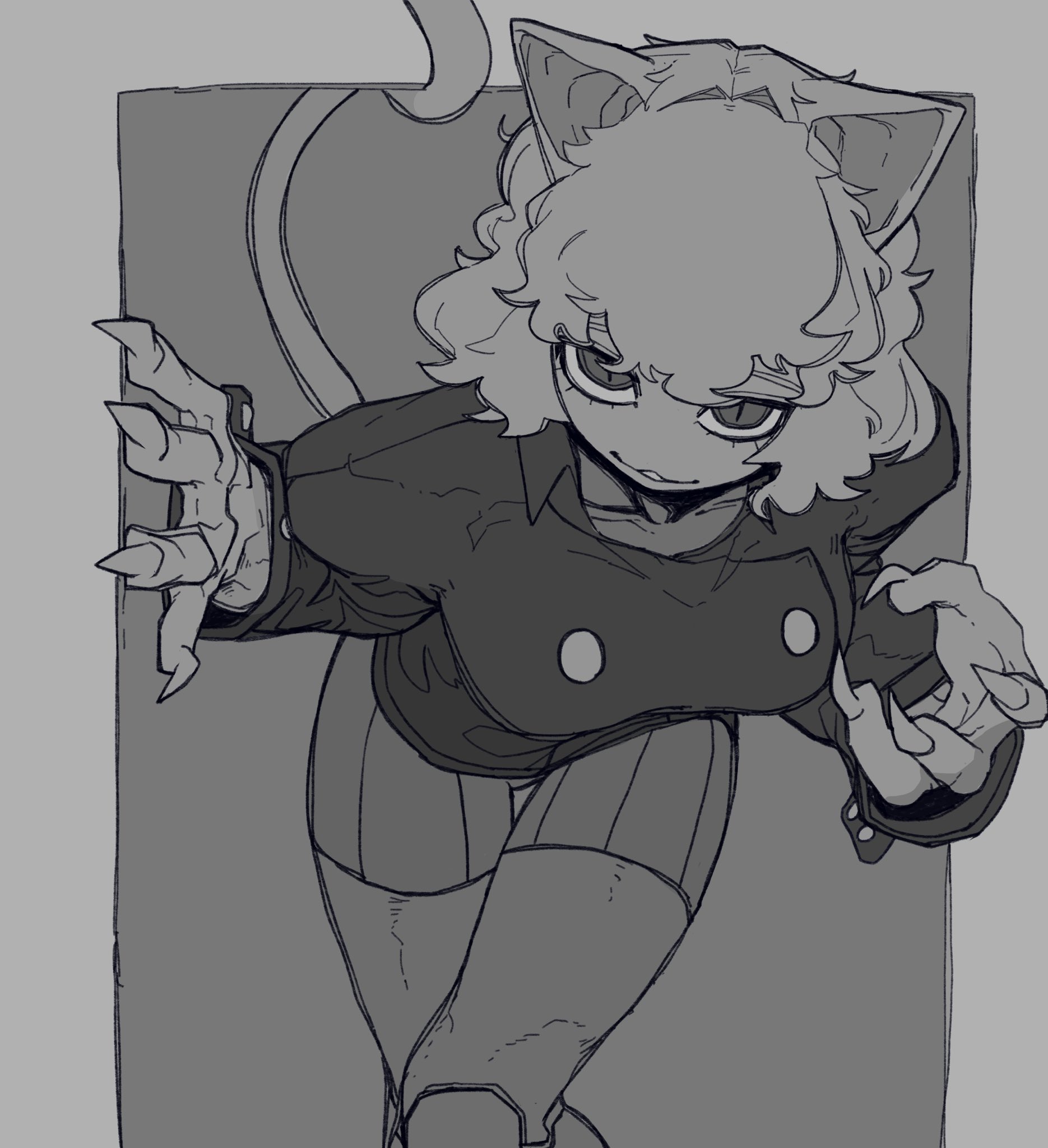 animal ears, bangs, bending forward, bent over, big breasts, bone nigi, breasts, buttons, cat ears, cat tail, clothing, curly hair, evil smile, eyelashes, female, finger claws, greyscale, hunter x hunter, leaning forward, looking at viewer, monochrome, neferpitou, shorts, slit pupils, solo, tagme, tail, thigh gap