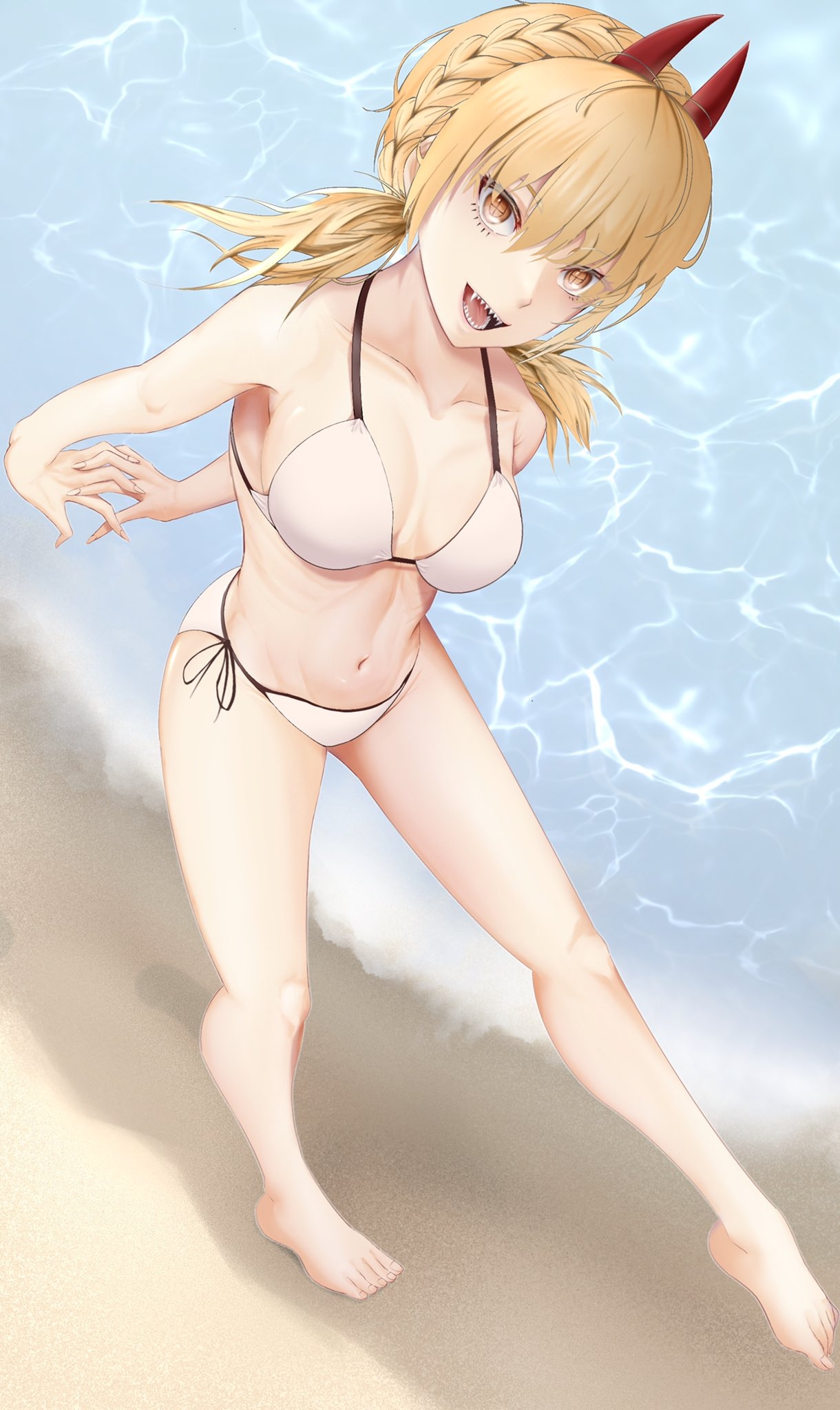 1girls, beach, bikini, blonde hair, braids, breasts, chainsaw, chainsaw man, demon, demon girl, female, female focus, female only, horns, ka2illust, power (chainsaw man), solo, solo female, standing, thighs