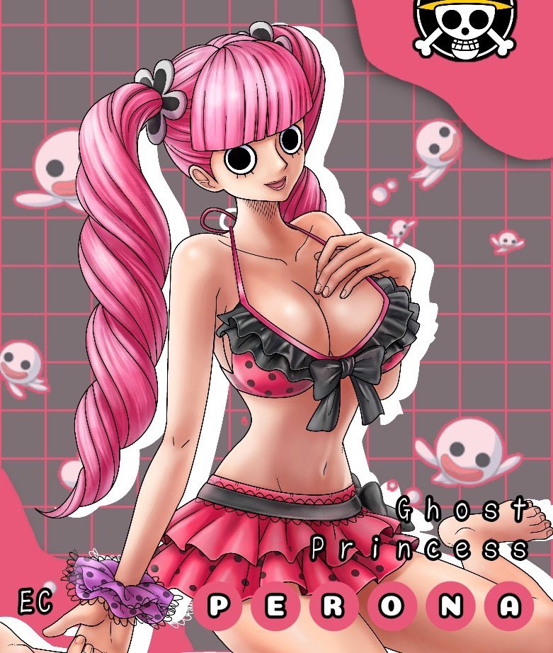 1girls big_breasts bra breasts cleavage curvy female female_only frilled_bra frills horo_horo_no_mi looking_at_viewer navel official_art one_piece perona pink_hair posing shounen_jump skirt solo twintails wide_hips