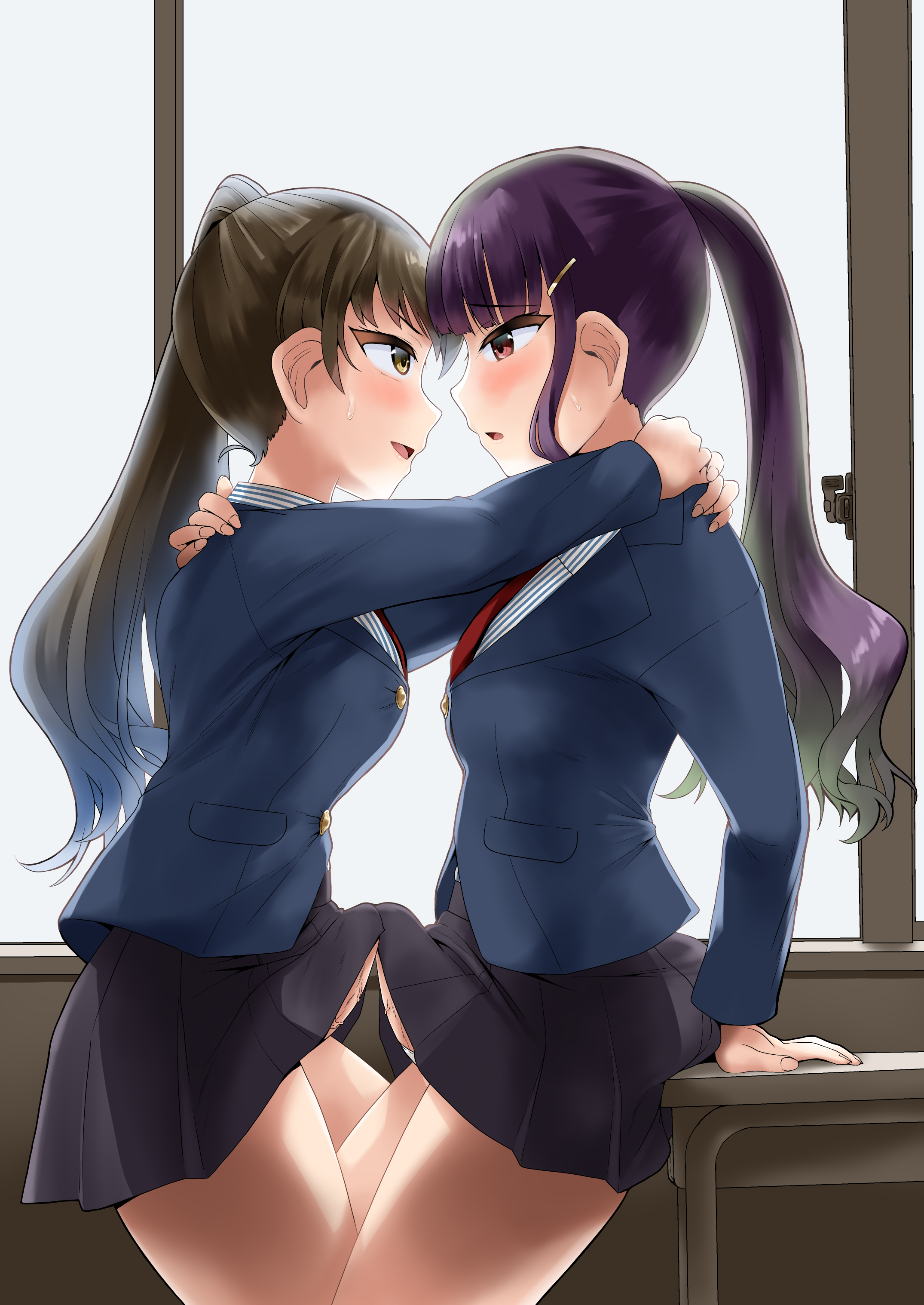 2futas, bangs, blush, bottomless, brown hair, clothed, clothing, duo, erection, erection under clothes, erection under skirt, female, frottage, frottage through clothing, futa on futa, futa only, futanari, hair ornament, human, intersex, light skin, light-skinned futa, long hair, minase (takaoka nanase), mostly clothed, penis, penis under clothes, penis under skirt, purple hair, school uniform, schoolgirl, skirt, standing, sweat, touching penis