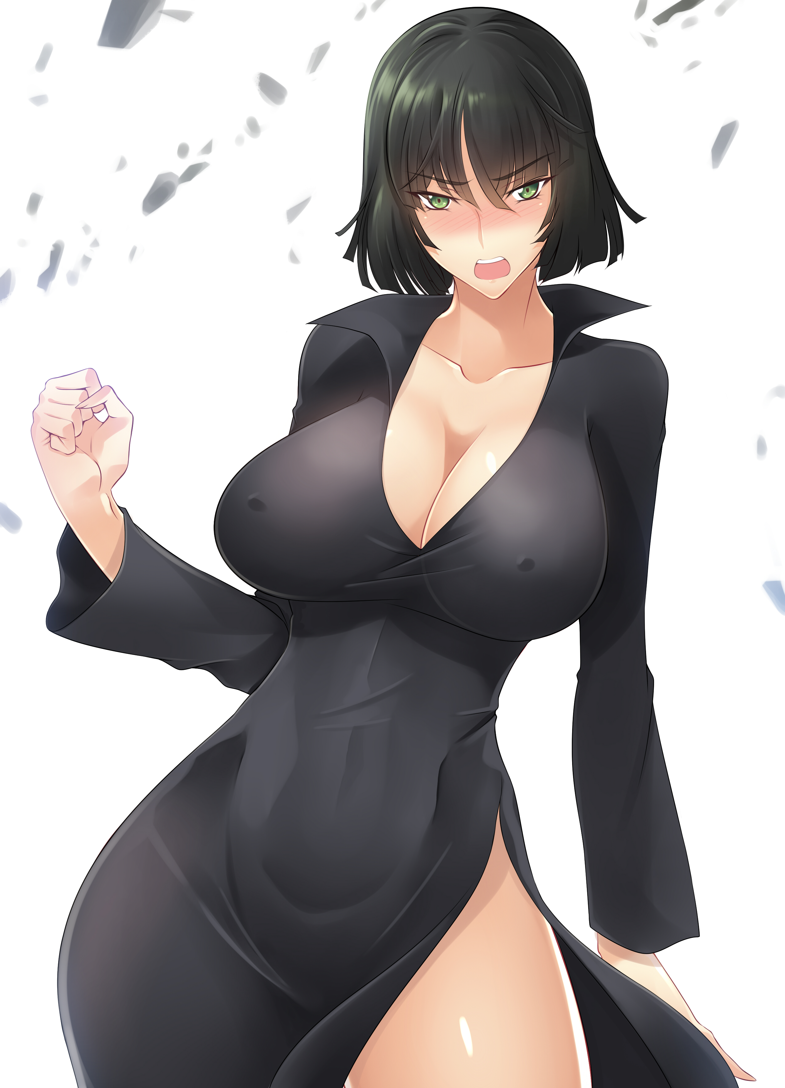 1girls, absurd res, angry, angry face, arm up, bangs, belly, big breasts, black dress, bob cut, breasts, busty, cleavage, clothed, clothing, collarbone, curvy, curvy body, curvy female, curvy figure, dark green hair, dark hair, dress, embarrassed, esper, eye contact, eyebrows, eyebrows raised, eyebrows visible through hair, eyelashes, female, female focus, female only, fringe, front view, fubuki (one-punch man), green eyes, green hair, haganef, hand up, heroine, highres, hips, hourglass figure, large breasts, legs, legs together, light skin, light-skinned female, lips, lipstick, long sleeves, looking at viewer, medium hair, midriff, navel, one-punch man, open mouth, psychic, punch, rocks, rubble, shiny skin, short hair, shy, slim, slim waist, solo, solo female, solo focus, standing, stomach, telekinesis, thick, thick legs, thick thighs, thighs, thin waist, tight clothing, tight dress, voluptuous, waist, white background, wide hips
