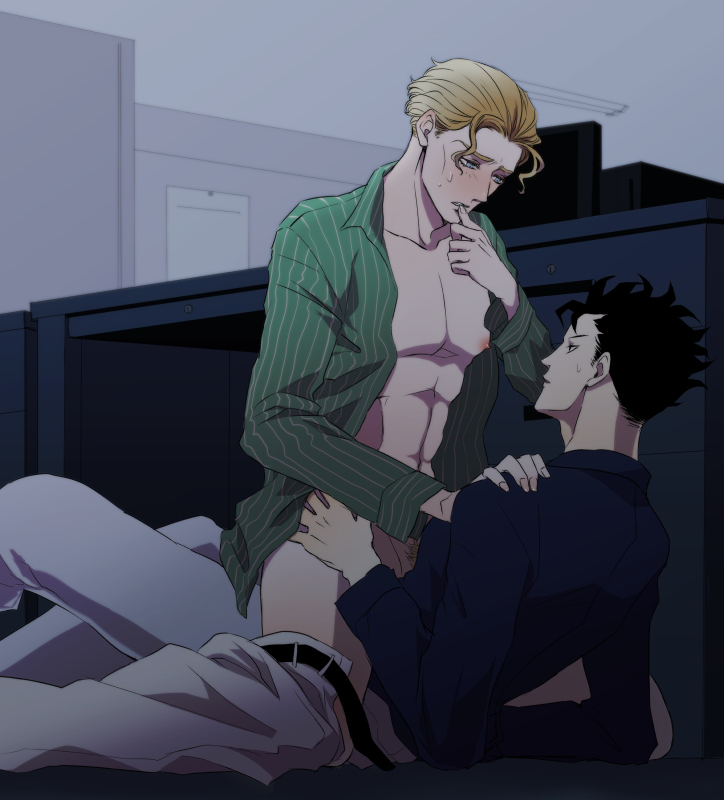 2boys barely_visible_pubic_hair black_hair blonde_hair clothing diamond_is_unbreakable gay imminent_sex jojo's_bizarre_adventure kosaku_kawajiri looking_at_partner male male_nipples male_only snail_marsh unbuckled_belt yaoi yoshikage_kira