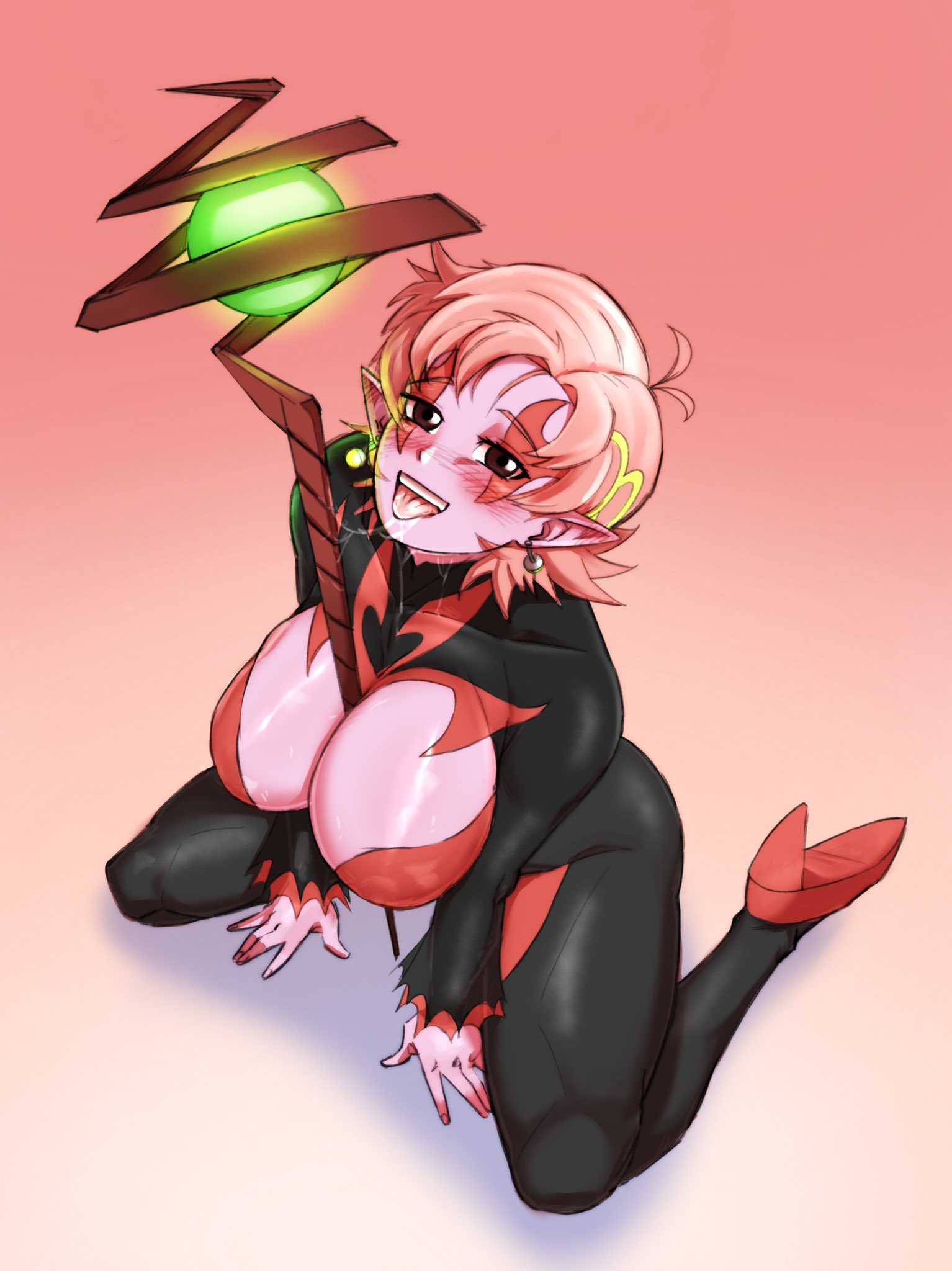 1girls, alternate breast size, ass, between breasts, big ass, big breasts, blush, bodysuit, boob window, breasts, brown eyes, chronoa, cleavage, core person, cutout, demon, demon goddess (dragon ball), demoness, dragon ball, dragon ball heroes, dragon ball xenoverse, drool, drooling, earrings, face markings, facepaint, female, from above, godddess, hair ornament, high heels, looking at viewer, mutwoart, object between breasts, on knees, open mouth, pink hair, pink skin, pointy ears, short hair, shortstack, simple background, skin tight, solo, staff, staff between breasts, super dragon ball heroes, thick thighs, tongue, tongue out