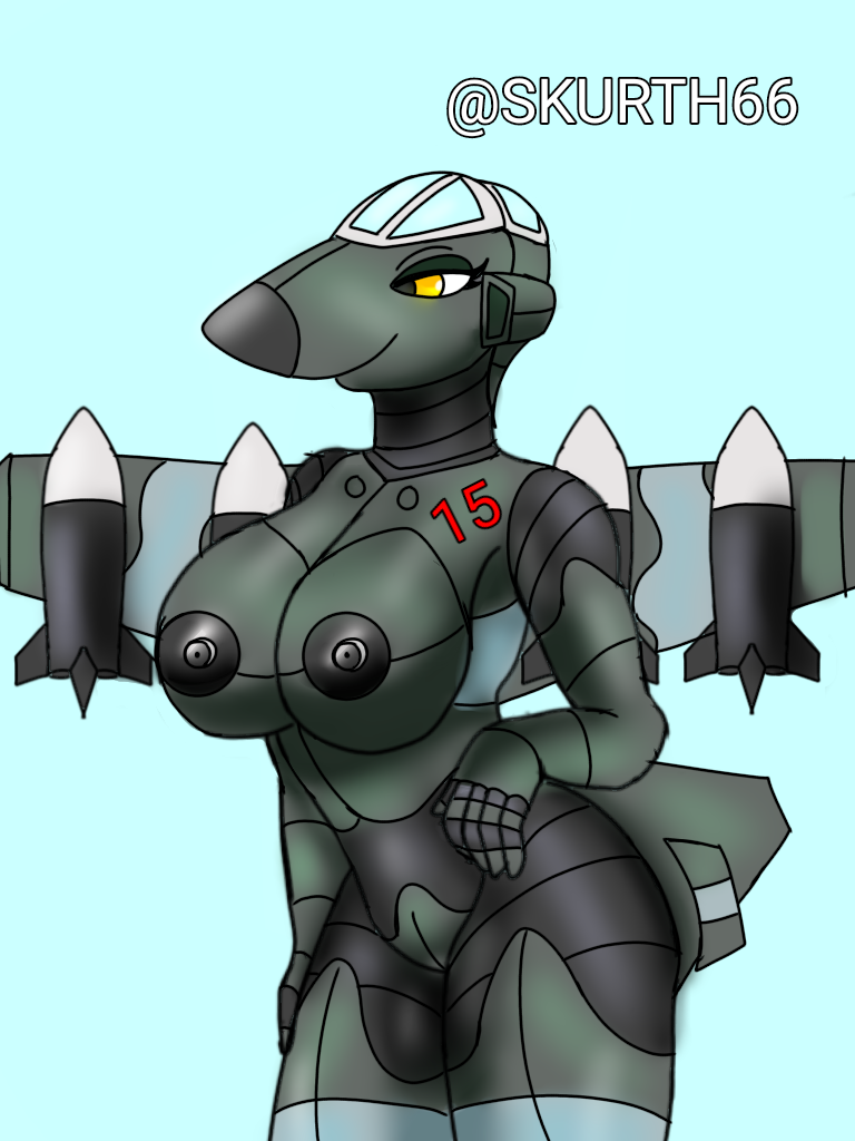 aeromorph armor black_body breasts female_only gray_nipples green_skin humanoid living_aircraft living_machine mecha nipples robot_girl skurth66 smile