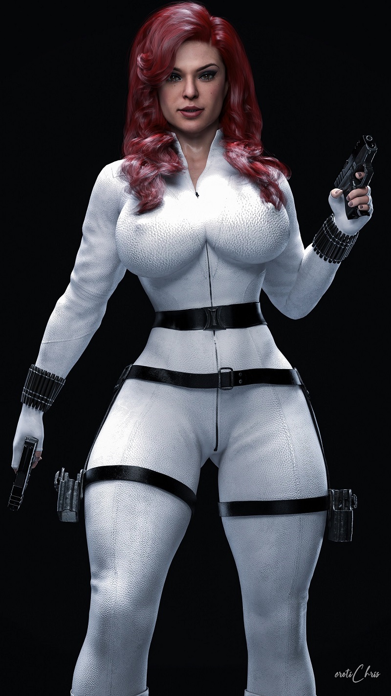 1girls, 3d, big breasts, black widow (cosplay), bodysuit, breasts, cga3d, cosplay, crossover, curvaceous, curvy, curvy female, curvy figure, erotichris, female, female only, fusion, fusion character, huge breasts, marvel, marvel cinematic universe, marvel comics, pinup, pistol, red hair, solo, solo female, voluptuous, voluptuous female, weapon
