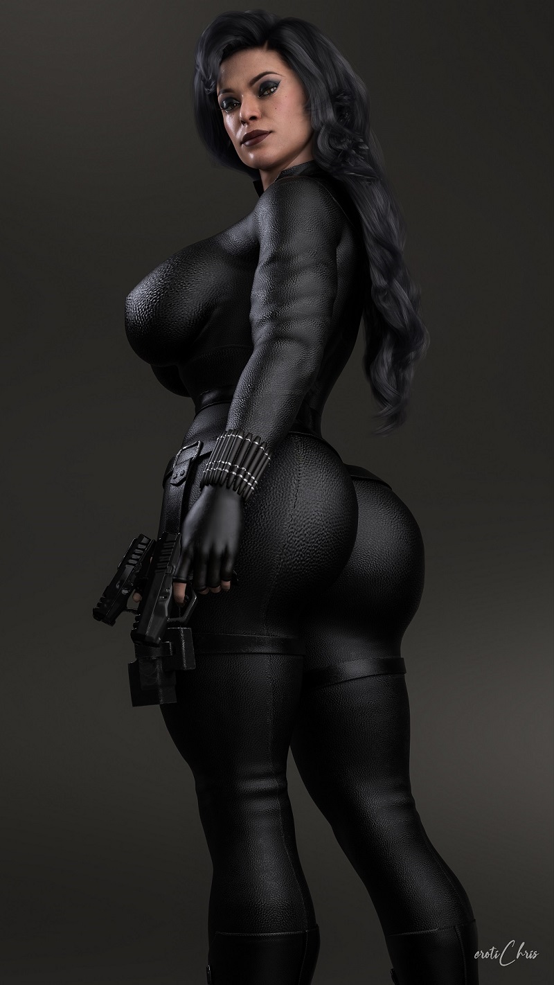 1girls, 3d, ass, big ass, big breasts, black hair, black widow (cosplay), bodysuit, breasts, bubble butt, catwoman, cga3d, cosplay, crossover, curvaceous, curvy, curvy female, curvy figure, dc, dc comics, erotichris, fat ass, female, female only, fusion, fusion character, huge ass, huge breasts, injustice 2, looking at viewer, looking back, marvel, marvel cinematic universe, marvel comics, pinup, pistol, posing, selina kyle, solo, voluptuous, voluptuous female, weapon