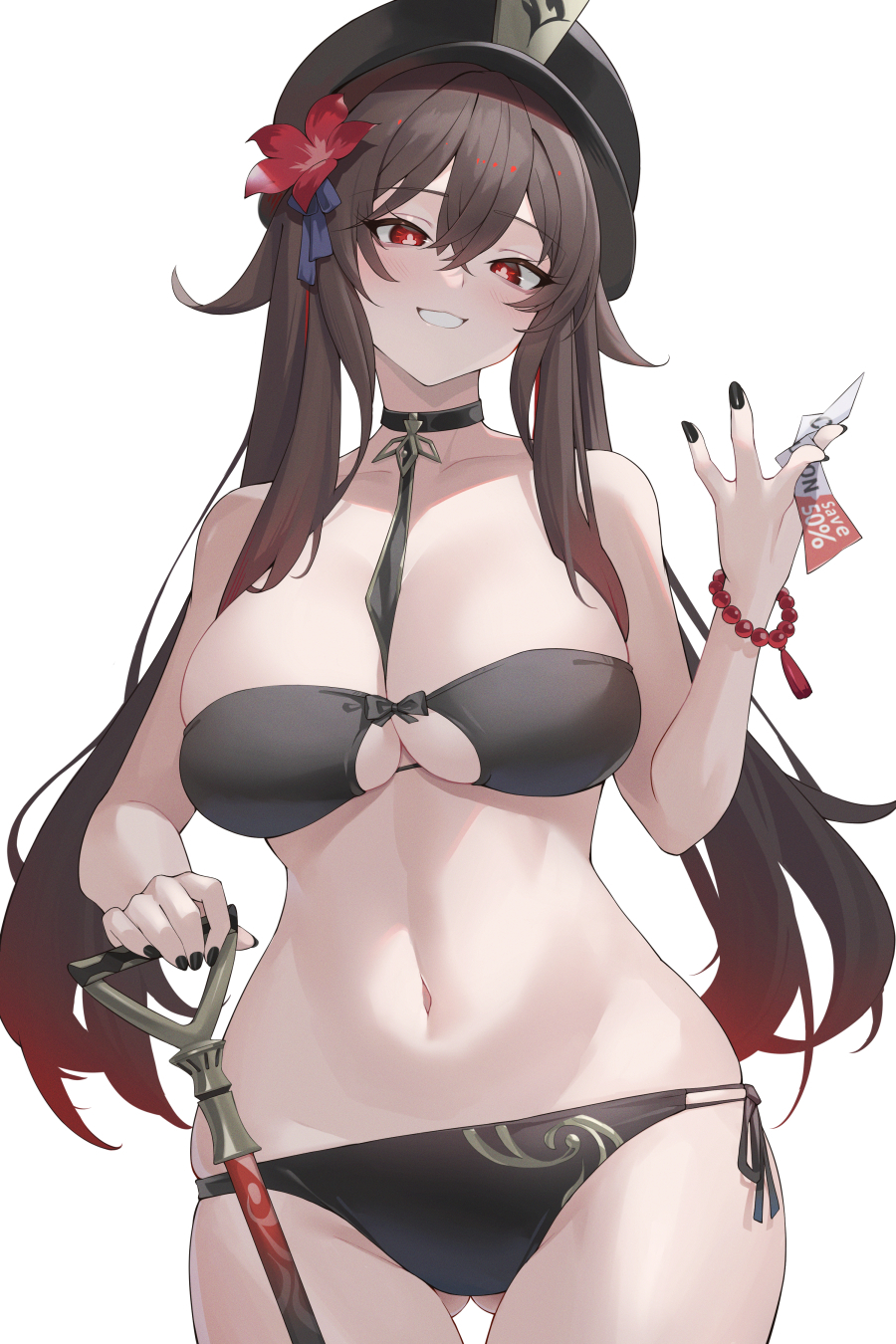 1girls alternate_breast_size big_breasts bikini black_nails brown_hair choker coupon female female_only genshin_impact hair_ornament hat hu_tao_(genshin_impact) kaneko_(bblogtinhan) large_breasts light-skinned_female light_skin long_hair looking_at_viewer looking_down midriff nail_polish navel red_eyes smile solo swimsuit symbol-shaped_pupils thick twintails voluptuous