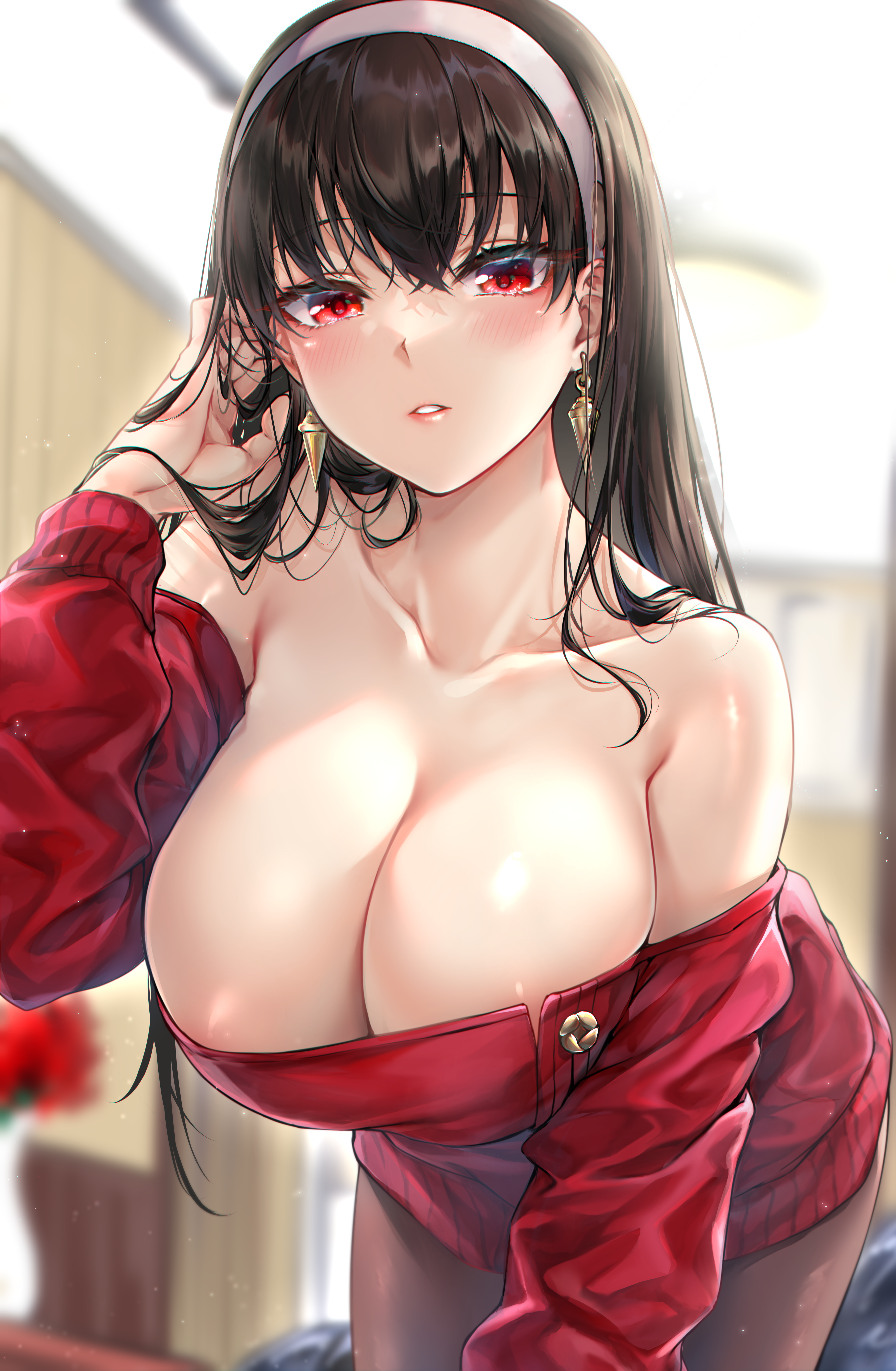 1girls, absurd res, barely contained, black hair, blush, breasts, cleavage, earrings, female, female human, female only, hair down, hairband, hi res, huge breasts, human, indoors, large breasts, leaning forward, light skin, light-skinned female, long hair, looking at viewer, mature female, pale skin, pale-skinned female, pantyhose, red clothing, red eyes, rei kun, spy x family, thighs, variant, variant set, wardrobe malfunction, wide hips, yor briar, yor forger