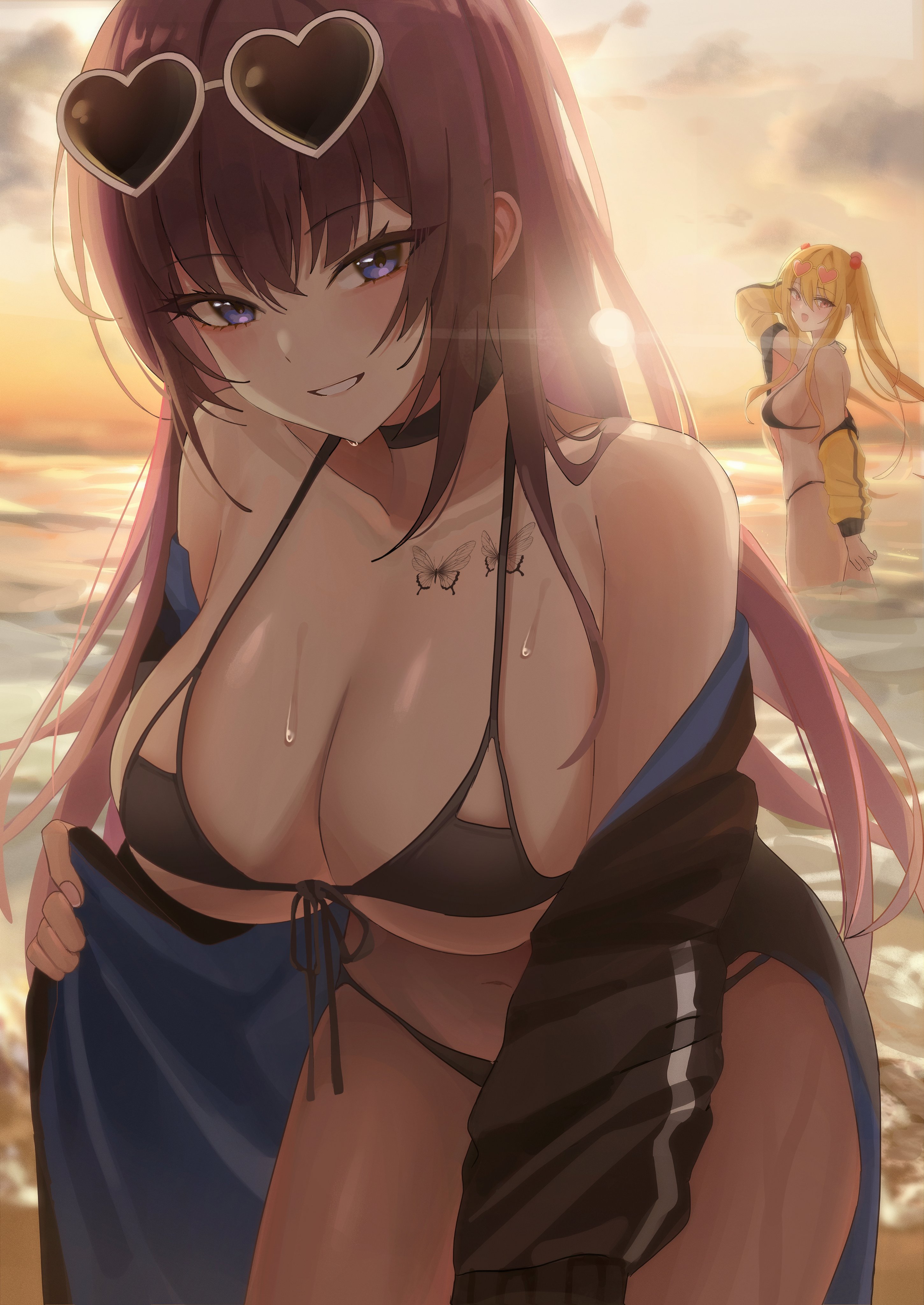 2022, 2girls, beach, big breasts, bikini, biya, blonde hair, blue eyes, breast tattoo, breasts, butterfly, butterfly tattoo, choker, cleavage, duo, female, female focus, female only, heart-shaped sunglasses, hi res, hips, huge breasts, human, large breasts, long hair, original, original character, outdoors, purple eyes, purple hair, sayuri (k pring), slim waist, smile, sunglasses, sunglasses on head, sunset, tattoo, thick thighs, thighs, twintails, wide hips, yuna (biya)