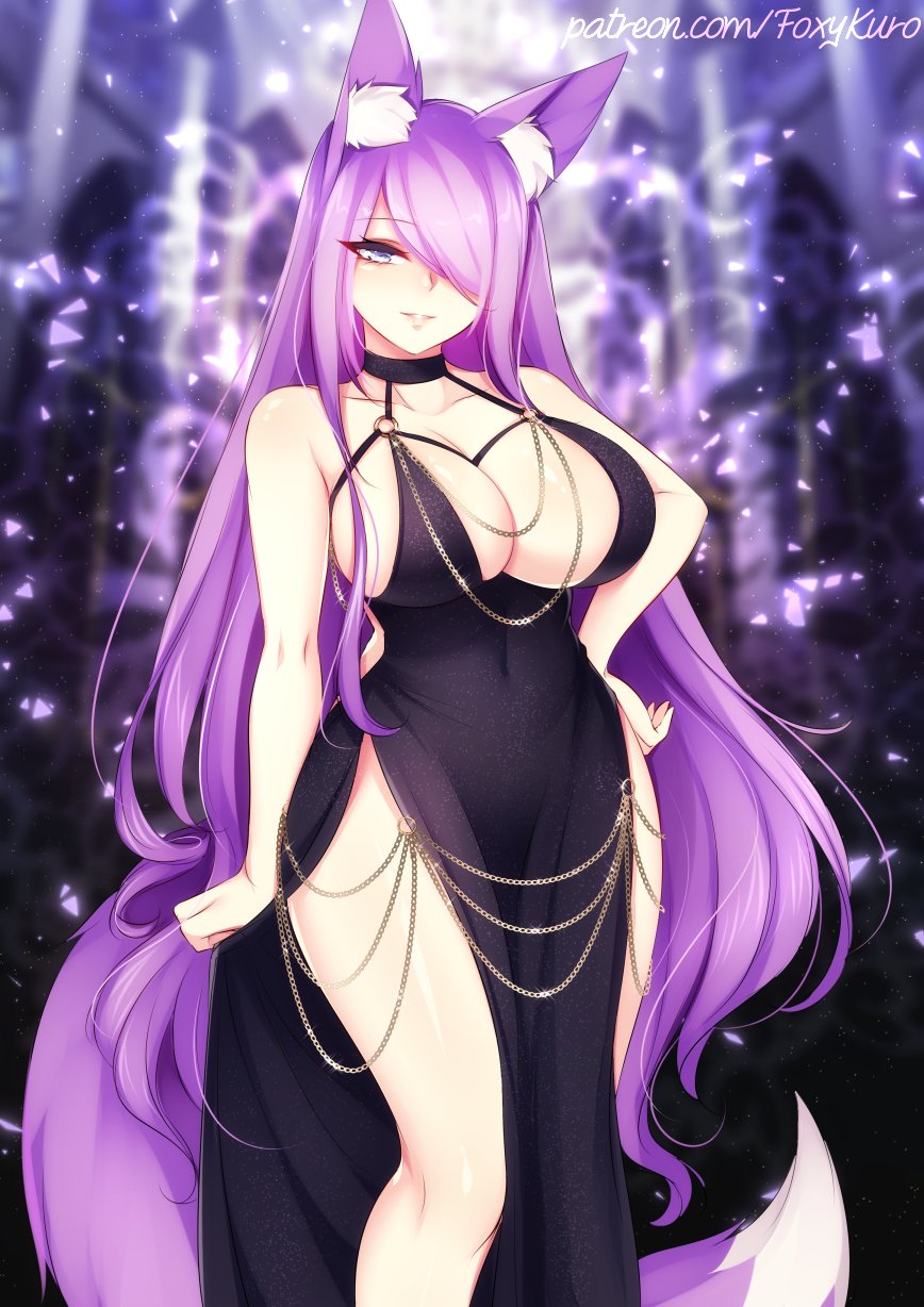 black_dress busty cleavage cleavage_dress dirtykuro draw_your_oc_in_this dress evening_dress evening_gown fox_ears fox_girl foxgirl foxykuro hair_covering_eye hair_covering_one_eye hair_over_eye hair_over_one_eye hair_over_one_eyes kitsune kuro_(foxykuro) long_hair long_purple_hair modakawa_dress original purple_eyes purple_hair purple_hair_female side_slit slit_dress