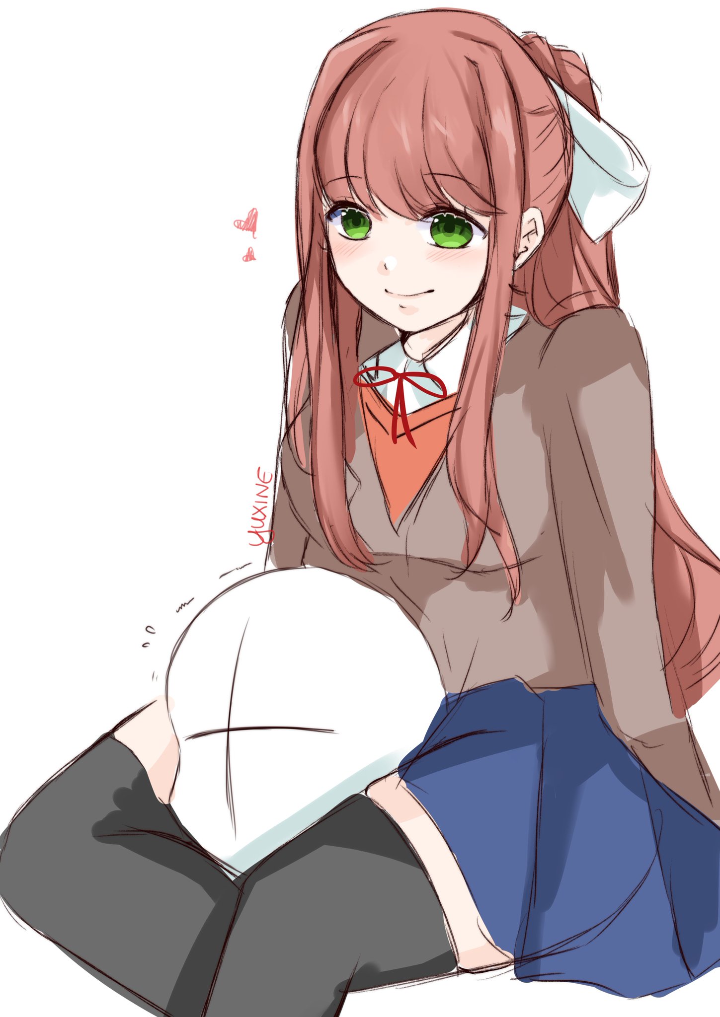 1girls, anon, anonymous, artist name, blush, blush lines, bow, breasts, brown hair, clothed, clothes, clothing, coat, doki doki literature club, female, foreplay, fully clothed, green eyes, hair, hair ribbon, happy, head between thighs, heart, legs around head, long hair, medium breasts, monika (doki doki literature club), ribbon, school uniform, skirt, squeezing, thick thighs, thighhighs, thighs, watermark, white ribbon, yuxine