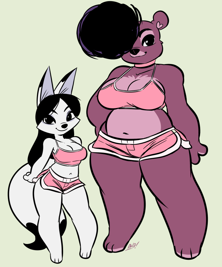 2girls anthro awd big_breasts breasts cleavage clothed clothing duo female female_only furry jasmine_(awdtwit) larger_female size_difference smaller_female standing sugarberry_(awdtwit) tagme thick_thighs