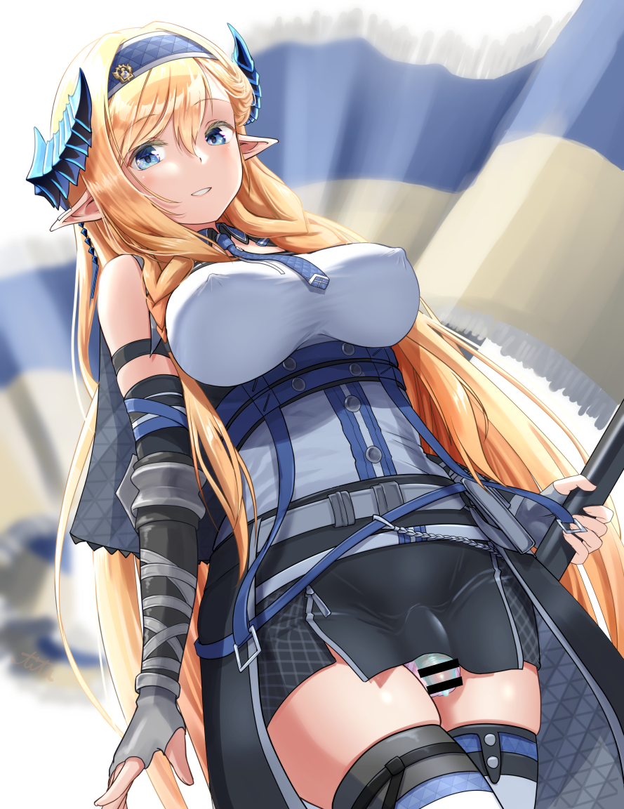 1futa arknights blonde_hair blue_eyes breasts clothed clothing condom fingerless_gloves flaccid futa_only futanari handwear high-angle_view horny humanoid humanoid_penis legwear light-skinned_futanari light_skin long_hair looking_at_viewer mostly_clothed nipples nipples_visible_through_clothing penis saileach_(arknights) smile soba_chatarou_(tita) solo standing stockings thighhighs