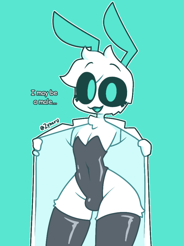 1boy alien alien_humanoid antennae_(anatomy) black_clothing black_legwear black_sclera bulge bunny_costume clothing coat costume femboy girly humanoid lab_coat latex legwear looking_at_viewer male male_only simple_background smile solo teal_background teal_eyes teal_mouth text topwear white_body wide_hips zyneru zyneru_(character)