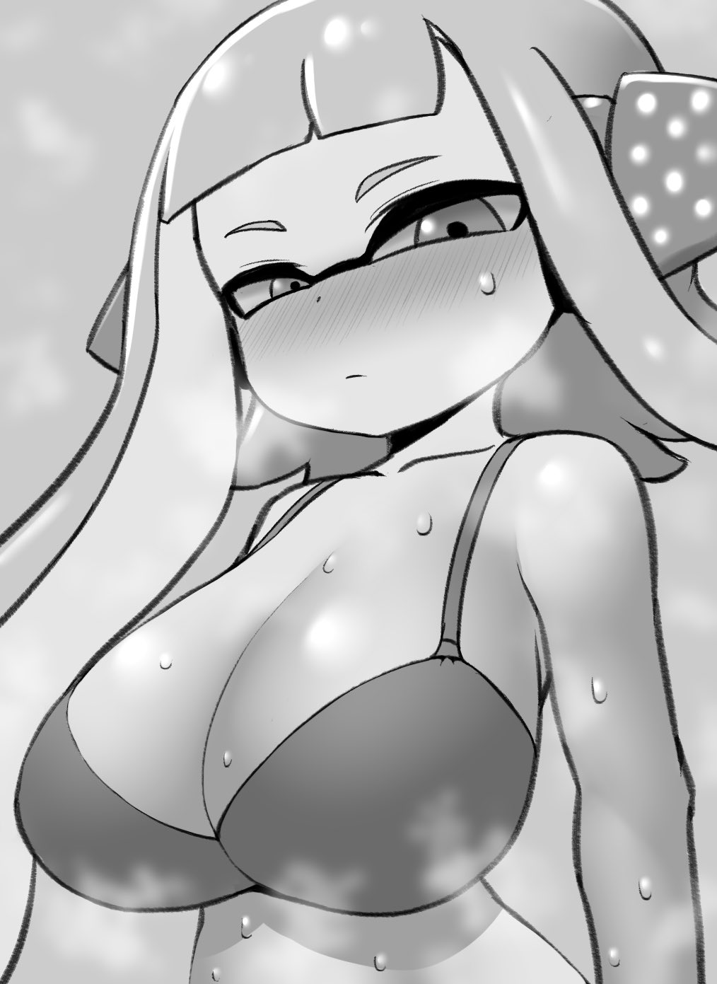 1girls, agent 3 (splatoon), big breasts, bikini, blush, blush lines, blushing, boobs, bra, breasts, cleavage, female, huge breasts, inkling, inkling girl, kaori (splatoon), large breasts, looking at viewer, monochrome, nintendo, nobunagapero, peronattu, splatoon, splatoon (series), splatoon: octo valley, steam, steaming body, sweat, tentacle hair, tits, visible breath, wet, wet skin