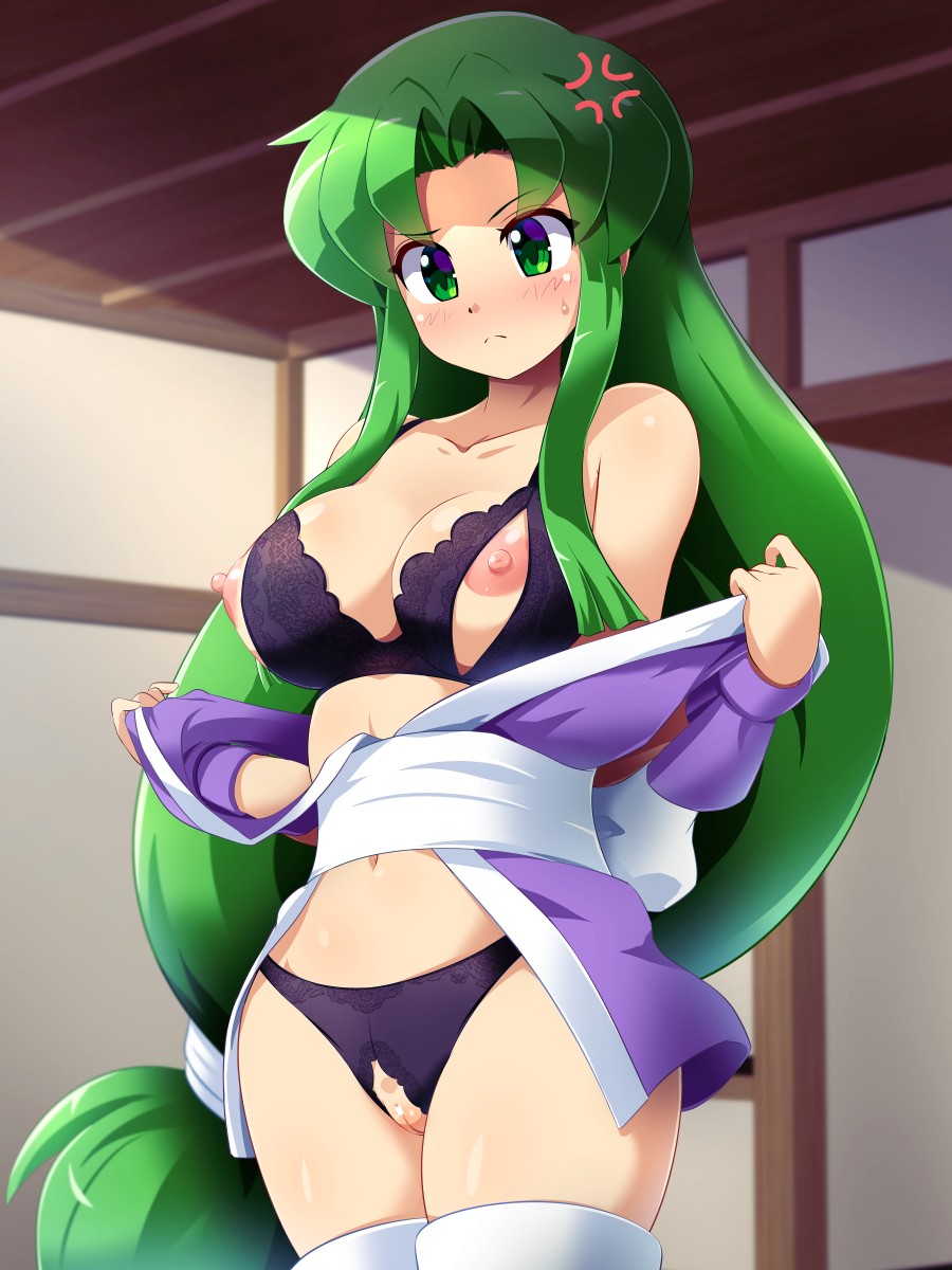 anger_vein black_bra black_panties blush bra breasts censored crotchless crotchless_panties female forehead frown ganbare_goemon green_eyes green_hair highres indoors japanese_clothes kimono konpeto large_breasts long_hair low-tied_long_hair navel ninja nipples panties purple_kimono pussy sash short_kimono solo standing sweatdrop thighhighs underwear very_long_hair wooden_wall yae_(ganbare_goemon)