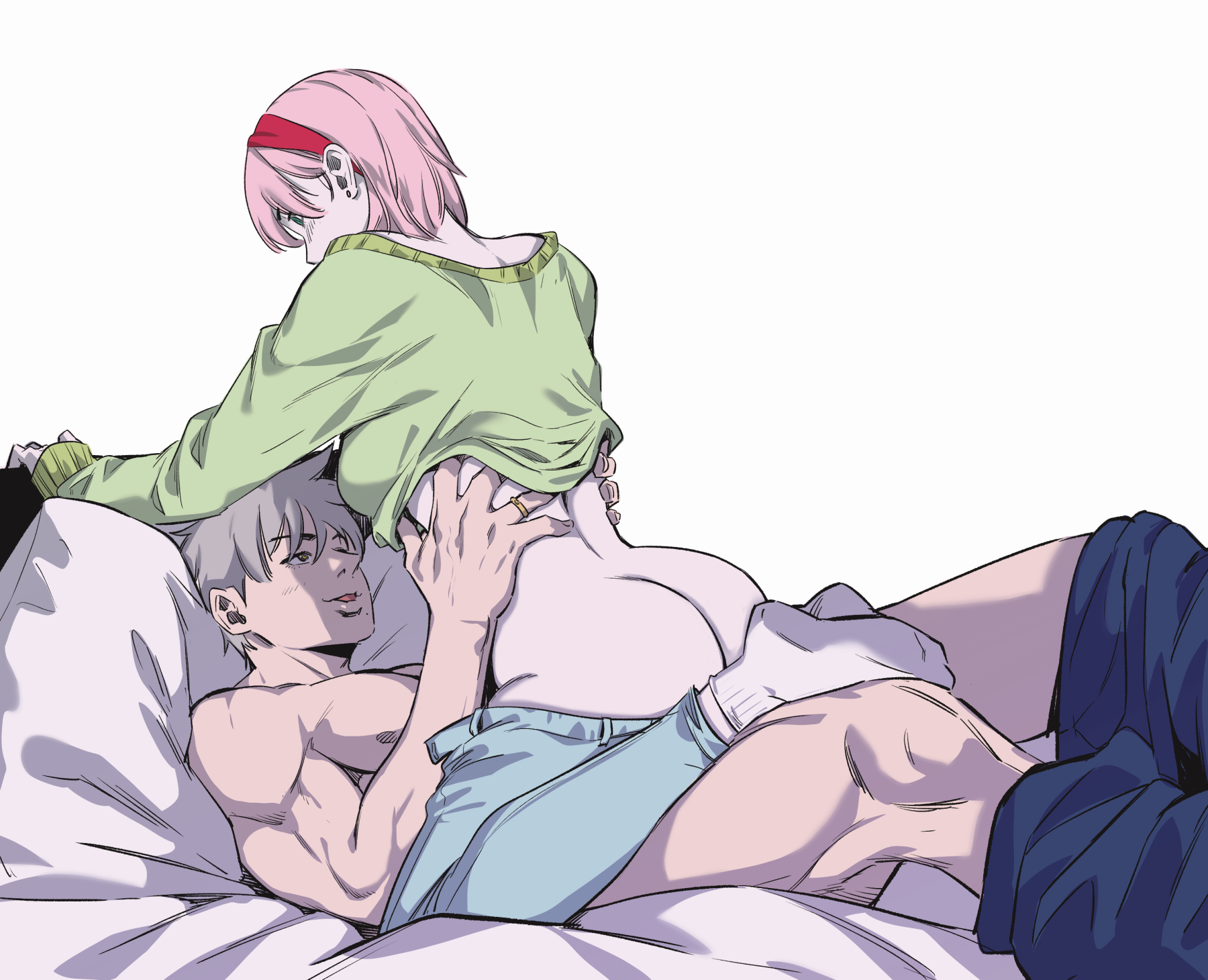 1boy, 1girls, adult and teenager, age difference, ambiguous penetration, ankle socks, anklehighs, ass, bare ass, barefoot, clothed sex, clothing, cowgirl position, exposed ass, female, female on top, hairband, hatake kakashi, implied penetration, jeans, long hair, male, male with female, mole, mole under mouth, naruto, naruto (series), naruto shippuden, naruto: the last, older male, older male and younger female, on top, pants, pants down, partially clothed, pink hair, round ass, sakura haruno, scarecrowpink, sex, shirt, shirtless, shirtless (male), short hair, silver hair, socks, straddling, student, sweater, sweater lift, teacher, teacher and student, unmasked, white socks, younger female