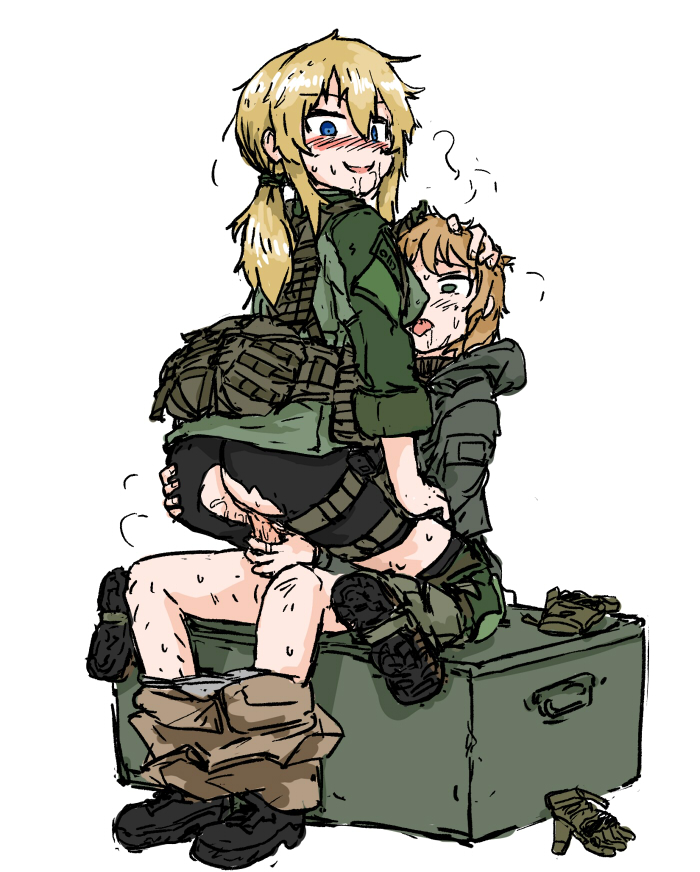 1boy 1girls blonde_hair clothed clothed_sex dutchko horny horny_female military penetration riding sex sitting_on_lap sitting_on_person sweat sweating tactical_gear tactical_vest vaginal_penetration vesna_(dutchko)