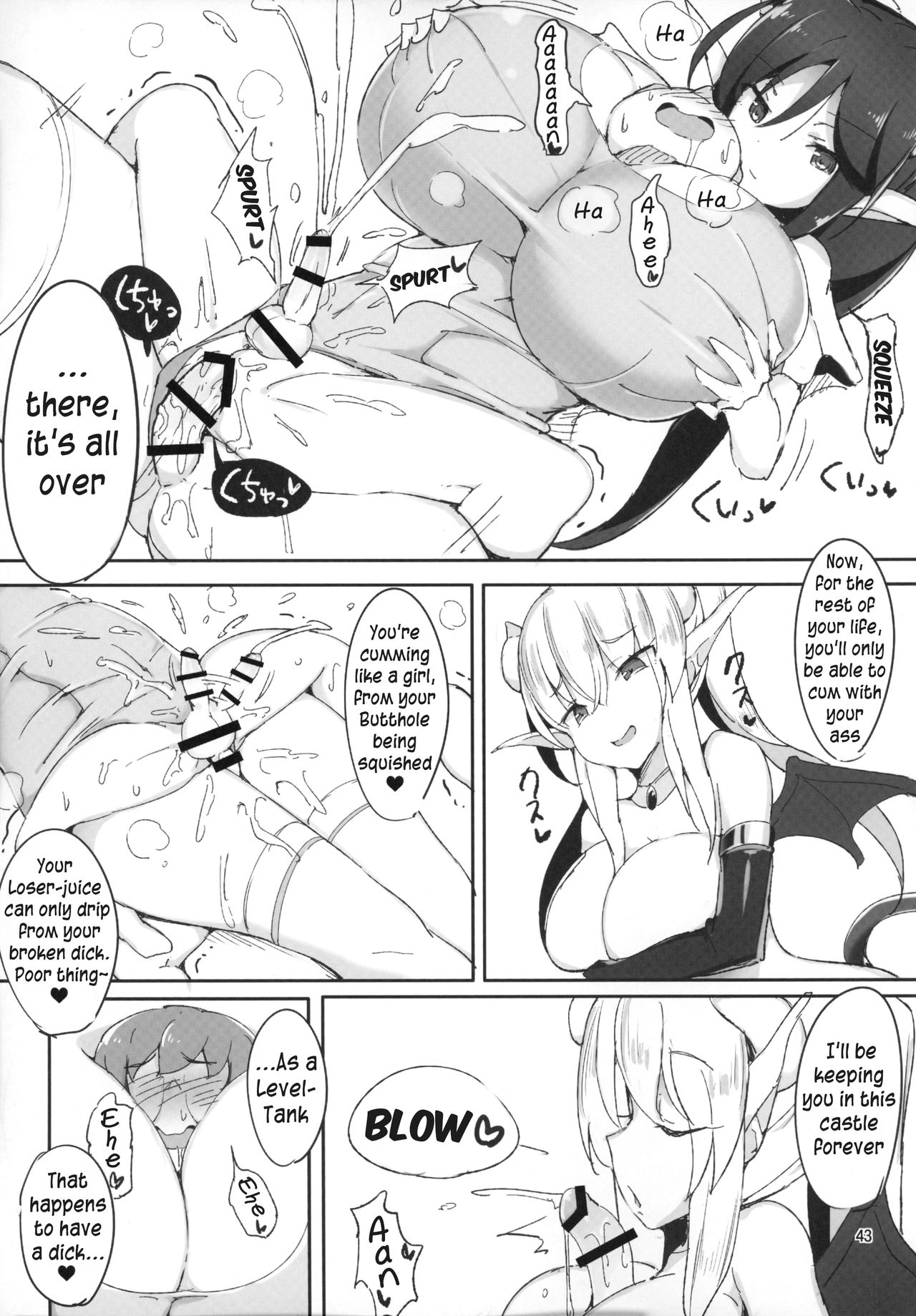anal, big breasts, bigger female, blush, breasts, clothing entrapment, comic, doskoinpo, english text, eyebrows visible through hair, female, femdom, futa on male, futanari, intersex, male, penis, text, thick thighs