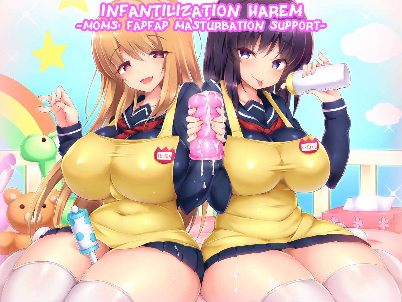 2girls, big breasts, breasts, doskoinpo, english text, eyebrows visible through hair, female, infantilism, legwear, multiple females, multiple girls, semen, text, thick thighs, toy