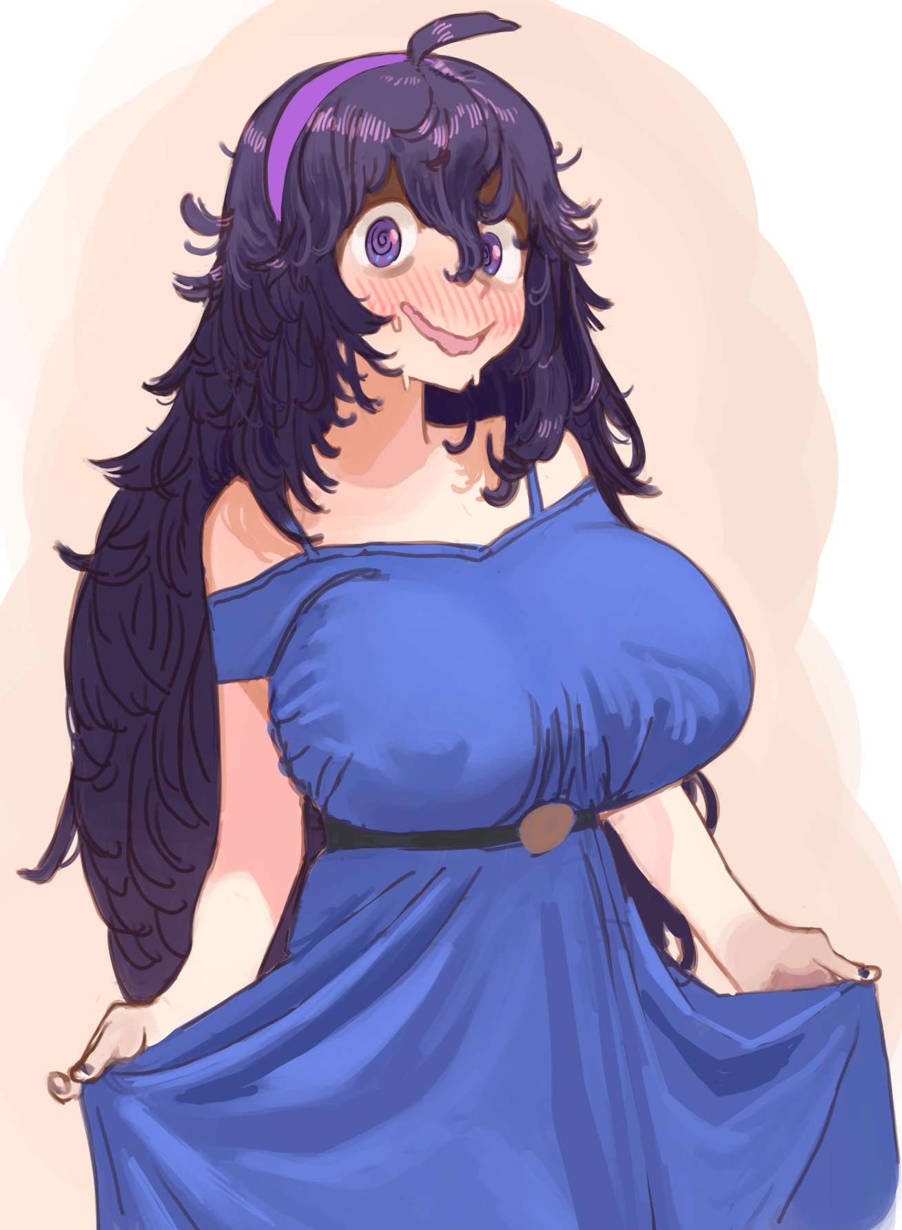 1girls, big breasts, blue dress, blush, breasts, dress, embarrassed, female, flustered, goth, goth girl, gothic, hair band, hex maniac, huge breasts, large breasts, messy hair, nipple bulge, pokemon, pulling clothing, purple hair, shoulders, shy, solo, sundress, sweat, sweating, sweaty, zippppiz