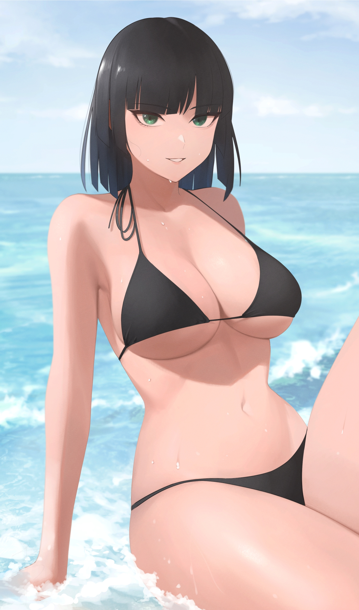 1girls, armpits, arms behind back, bangs, bare shoulders, beach, belly, belly button, big breasts, bikini, bikini bottom, bikini top, blue sky, bob cut, breasts, busty, cleavage, covered nipples, covered pussy, curvaceous, curvy, curvy body, curvy female, curvy figure, dark hair, eye contact, eyelashes, female, female focus, female only, fringe, front view, fubuki (one-punch man), green eyes, heroine, highres, hips, hourglass figure, large breasts, leg lift, leg up, legs, light skin, light-skinned female, lips, lipstick, looking at viewer, medium hair, midriff, navel, ocean, one-punch man, pose, pussy, senju (snz0), shiny skin, short hair, sitting, sky, slim, slim waist, smile, smiling, smiling at viewer, smirk, stomach, summer, thick, thick legs, thick thighs, thighs, thin waist, toned, toned body, toned female, toned stomach, underboob, waist, water, wet, wet body, wet hair, wet skin, wide hips