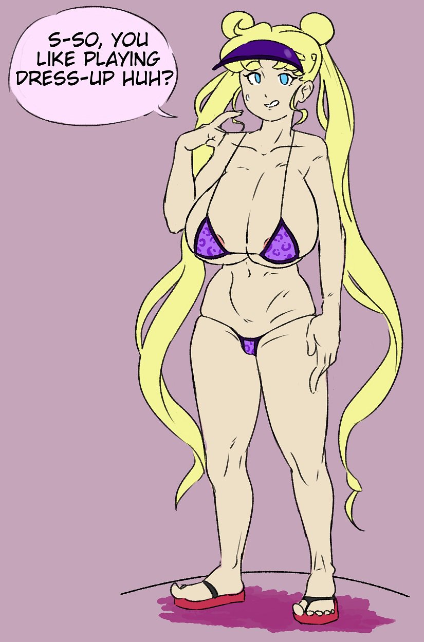 1girls alternate_version_available big_breasts bikini bishoujo_senshi_sailor_moon blonde_hair english_text female female_only gibberish_(artist) huge_breasts large_breasts light-skinned_female light_skin micro_bikini sandals solo speech_bubble swimsuit text usagi_tsukino visible_areolae visor_cap