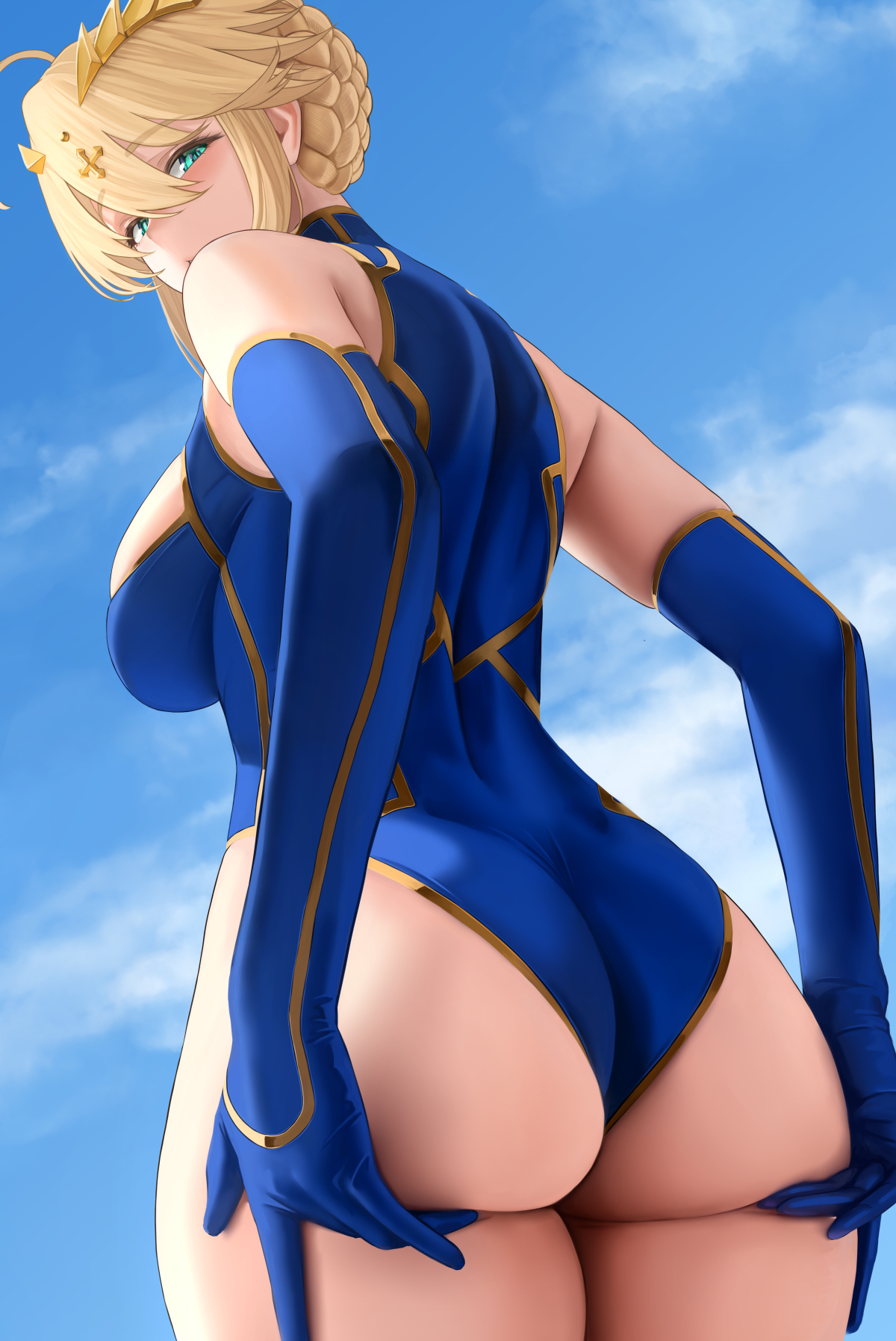 artoria pendragon, artoria pendragon (lancer), ass, ass focus, ass support, back, back view, backboob, big ass, big breasts, big butt, blonde hair, blush, blushing, breasts, curves, curvy, curvy female, curvy figure, fate (series), fate/grand order, female, holding ass, holding butt, huge ass, huge breasts, huge butt, large ass, large breasts, large butt, queen, sideboob, thick, thick thighs, thighs, tight clothing, yamaneko (tkdrumsco), yamanekotter