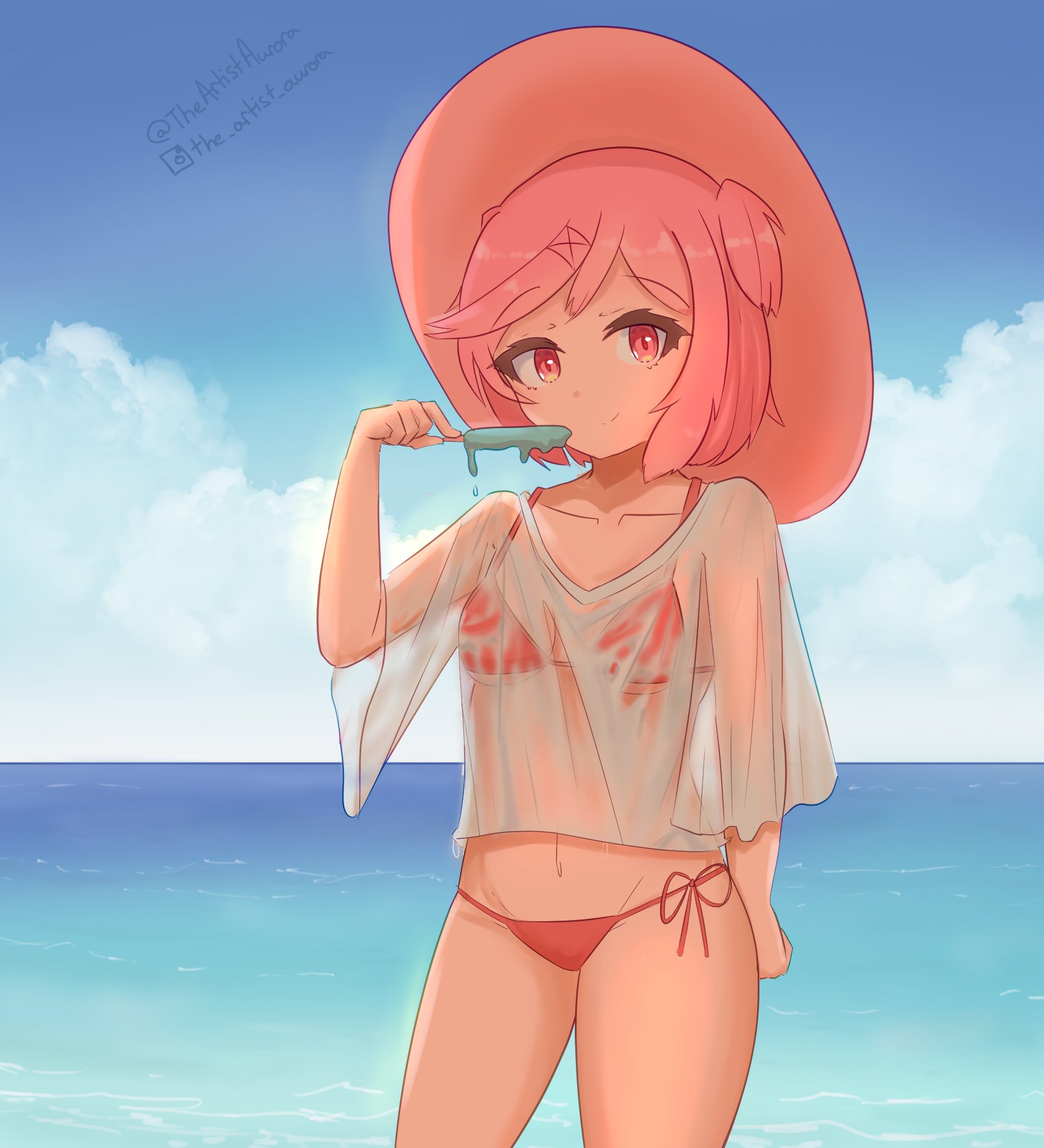 bare legs, bare thighs, beach, bikini, breasts, clothed, clothing, collarbone, cowboy shot, detailed background, doki doki literature club, female, female focus, female only, hat, ice cream, looking at viewer, natsuki (doki doki literature club), ocean, petite, petite body, pink eyes, pink hair, seaside, see-through, see-through clothing, see-through shirt, see-through swimsuit, see-through top, small breasts, smile, smiling, smiling at viewer, string bikini, string panties, sun hat, swimwear, theartistaurora, thighs, wet clothes