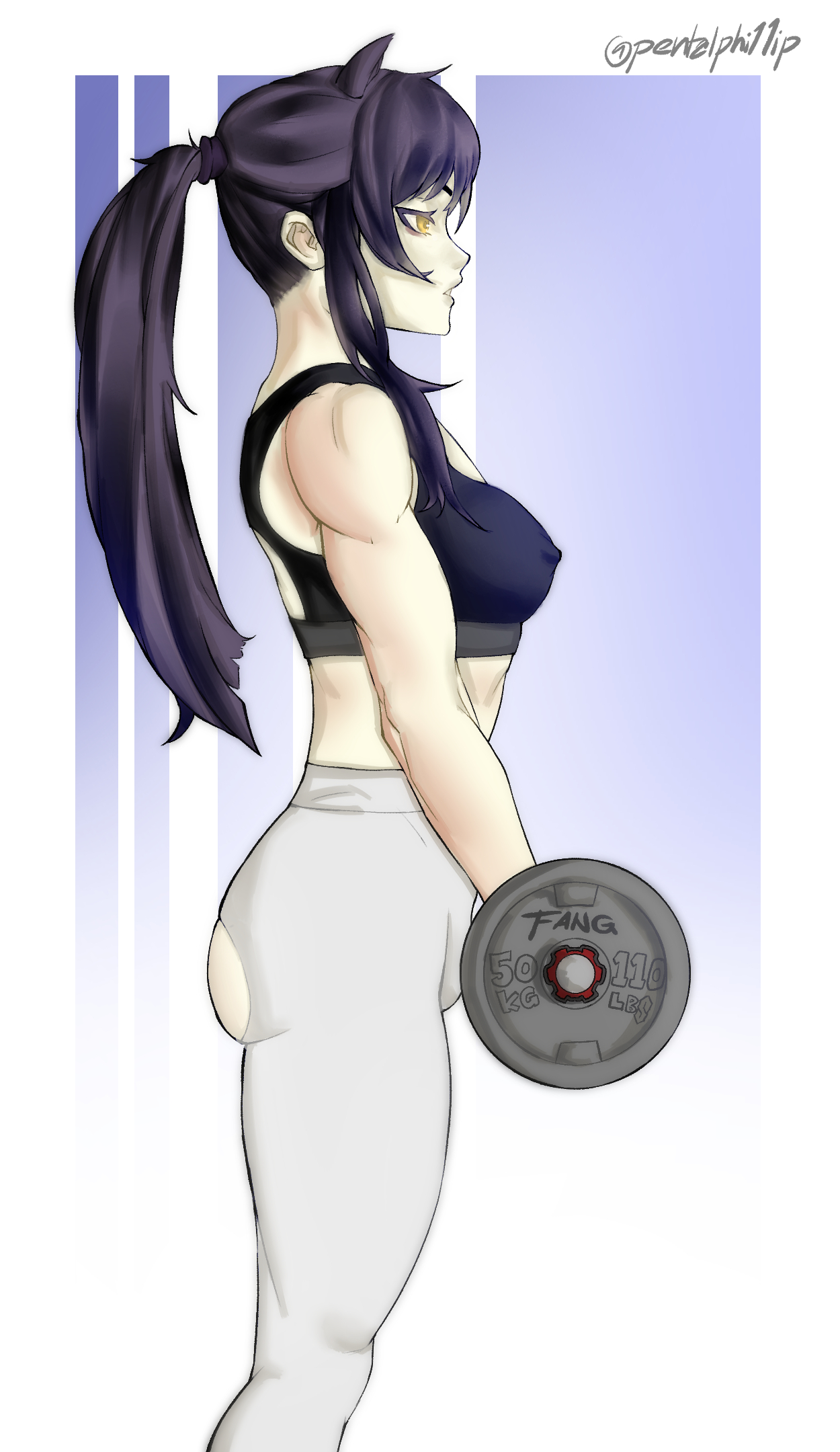 black hair, blake belladonna, cat ears, dumbbell, erect nipples, female, leggings, muscular, muscular female, nipples, pentalphi11ip, pokies, rwby, sports bra, workout, workout clothes