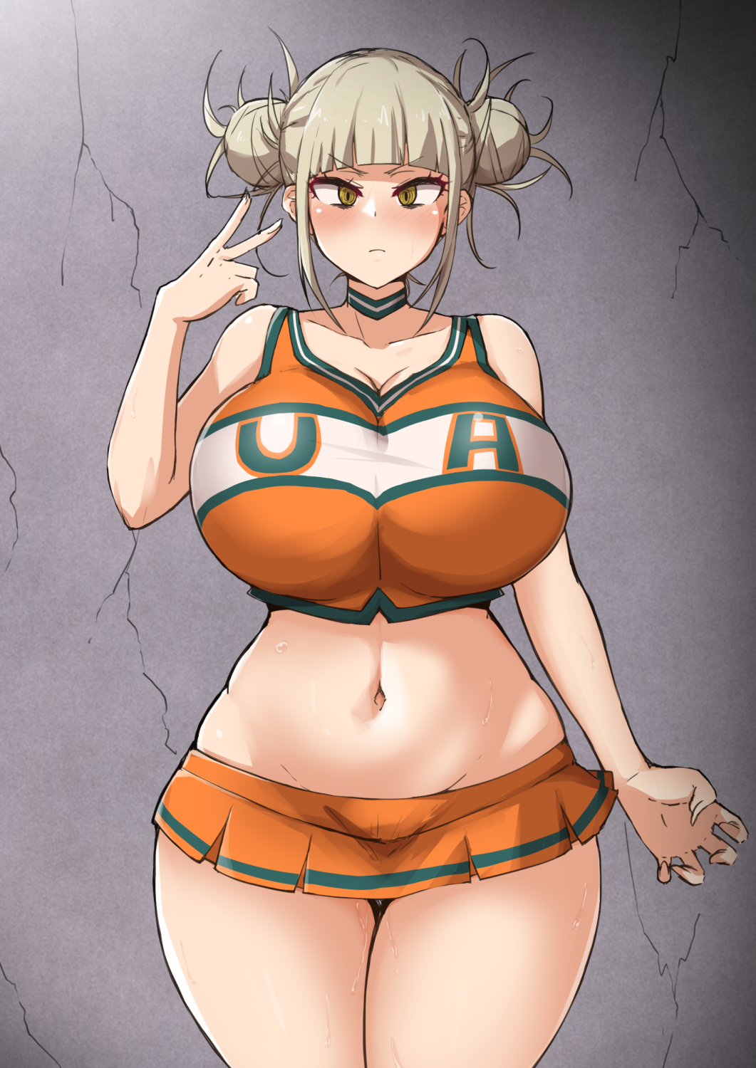 1girls big_breasts blonde_hair blush breasts cheerleader cheerleader_uniform choker double_bun eye_contact female himiko_toga huge_breasts looking_at_viewer miniskirt my_hero_academia standing thick_thighs thighs u.a._cheerleader_outfit voluptuous wide_hips yamaori yellow_eyes