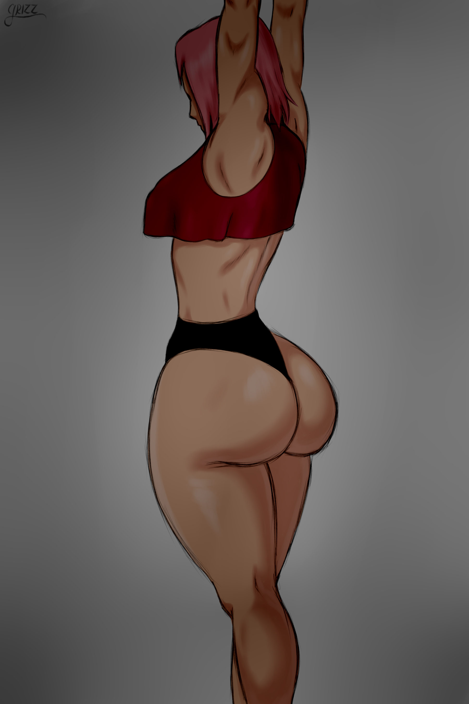 1girls, adapted costume, alternate version available, arms up, ass, big ass, crop top, dark room, female, female only, from behind, grizzlyart, huge ass, mostly nude, naruto, naruto (series), naruto shippuden, partially clothed, rear view, sakura haruno, solo, solo focus, standing