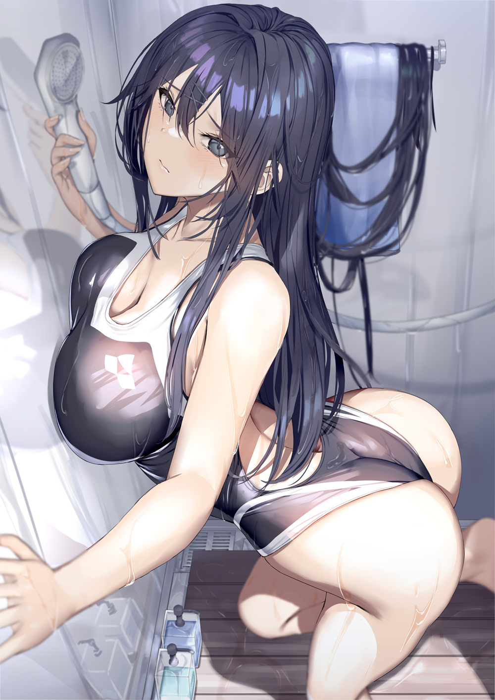 1girls, 2022, ass, bathroom, black eyes, black hair, blush, breasts, competition swimsuit, embarrassed, female, female only, highleg swimsuit, hips, huge breasts, indoors, large ass, long hair, looking at viewer, neropaso, one-piece swimsuit, original, original character, shower, slim waist, swimsuit, thick thighs, thighs, wet, wet body, wet breasts, wide hips
