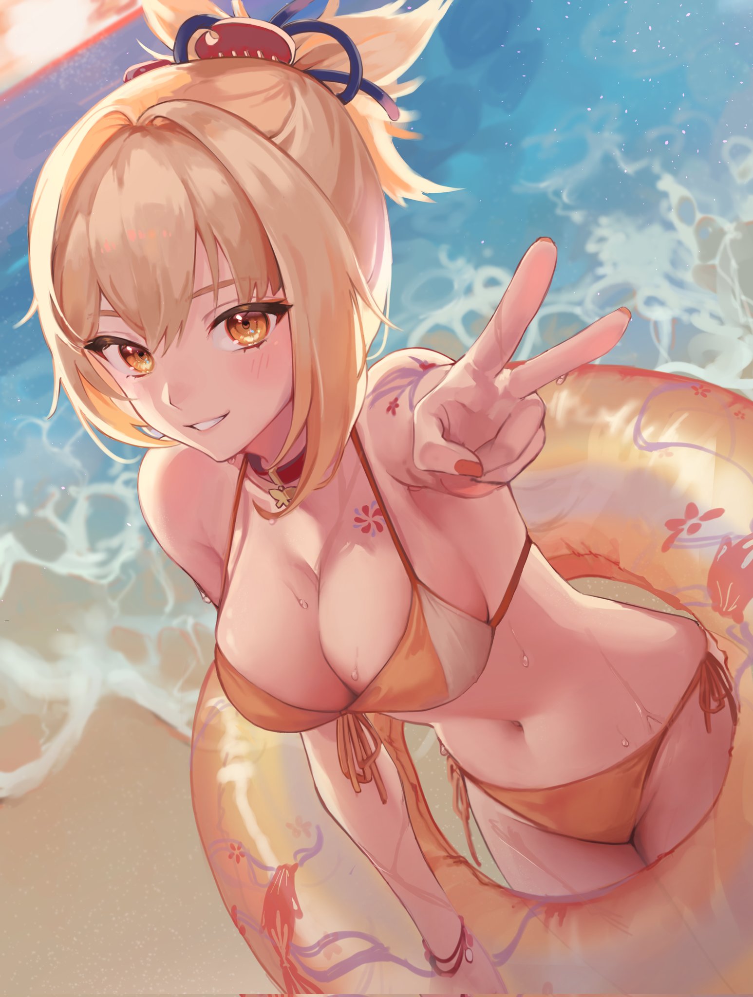 1girls, beach, belly button, bikini, blonde hair, blush, breasts, choker, cleavage, curvy, curvy female, cute, female, female only, genshin impact, large breasts, looking at viewer, navel, orange bikini, orange eyes, peace sign, ponytail, smile, tattoo, tolfobak2, wet, wet body, yoimiya (genshin impact)