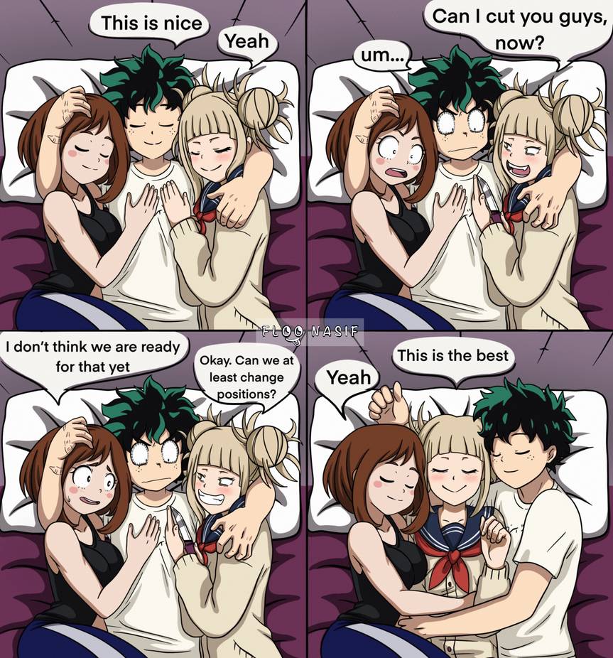 1boy 2girls 2girls1boy afraid anime_style bed bisexual blush boyfriend-girlfriend canon_couple comic_page deku english_text female fighting fighting_over_boy floonasif himiko_toga hug izuku_midoriya laying_on_back laying_on_bed love male my_hero_academia ochako_uraraka ot3 polyamory romantic safe_for_work scared threesome throuple wholesome