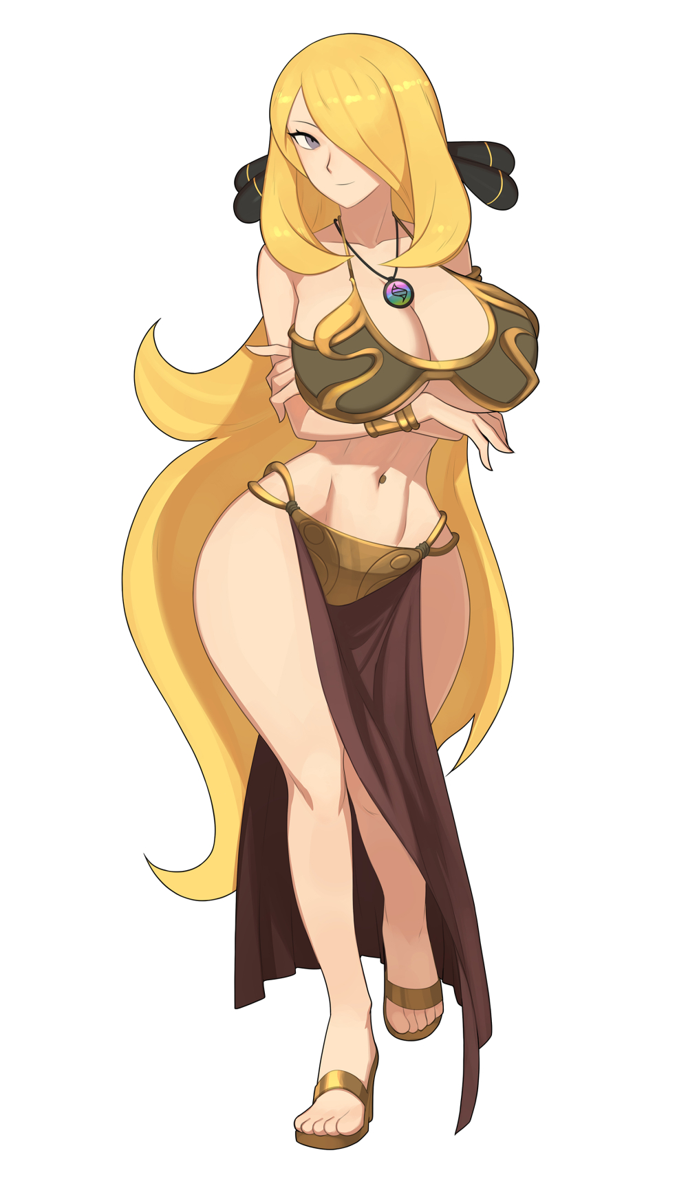 1girls, 2022, barleyshake, belly dancer, belly dancer outfit, blonde female, blonde hair, commission, cynthia (pokemon), female, harem girl, harem outfit, heels, high heel sandals, high heels, open toe footwear, open toe heels, open toe shoes, pokemon, sandals, slave bikini, slave leia (cosplay), slave outfit, smile, solo, solo female, star wars, tagme