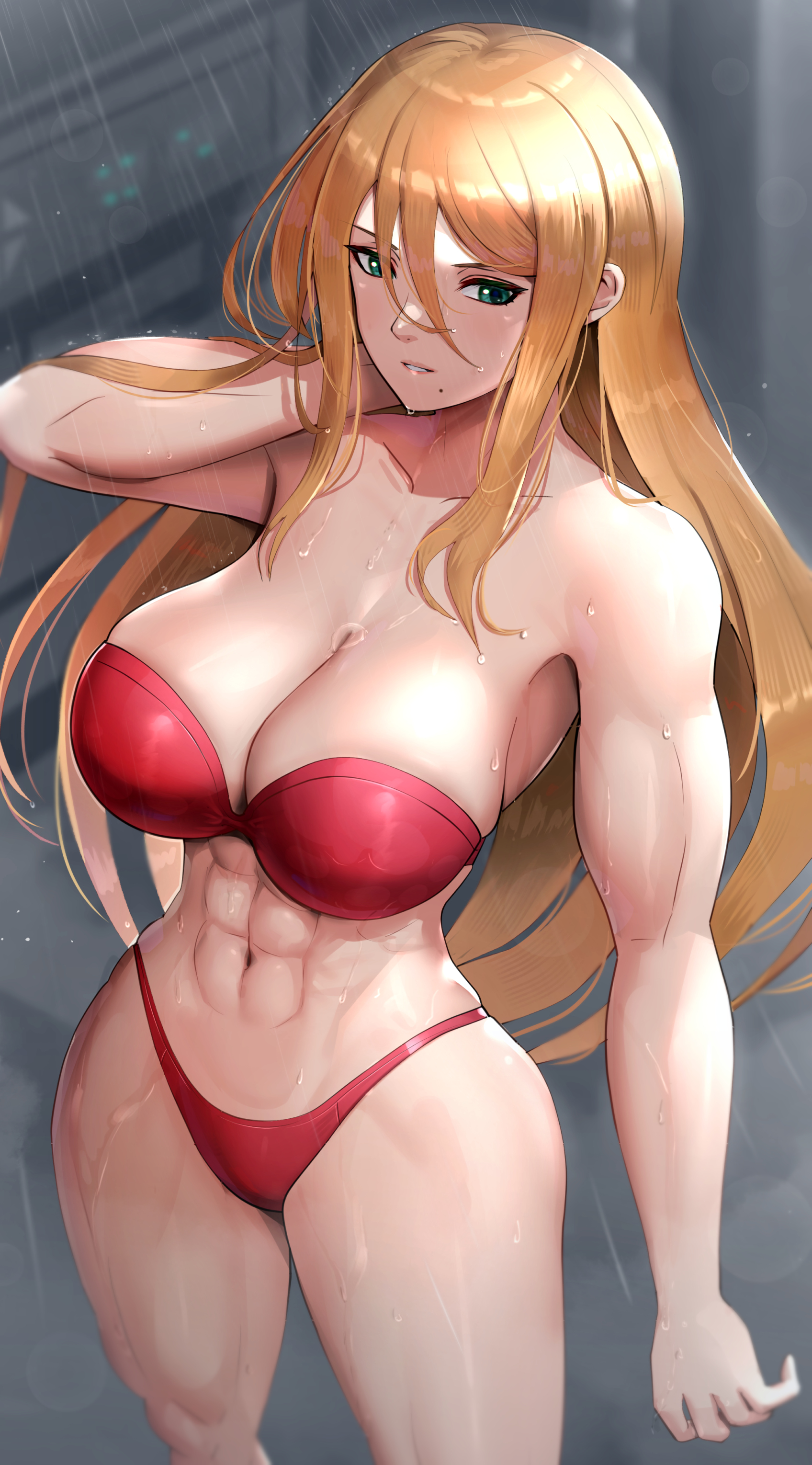 1girls, 2022, abs, alternate hairstyle, alternate version available, bathroom, beauty mark, bikini, blonde hair, breasts, female, female only, fit, fit female, gonzarez, green eyes, hair down, hi res, hips, huge breasts, indoors, long hair, looking at viewer, metroid, mole under mouth, muscular, muscular female, nintendo, red bikini, samus aran, shower, slim waist, thick thighs, thighs, water, wet, wet body, wide hips