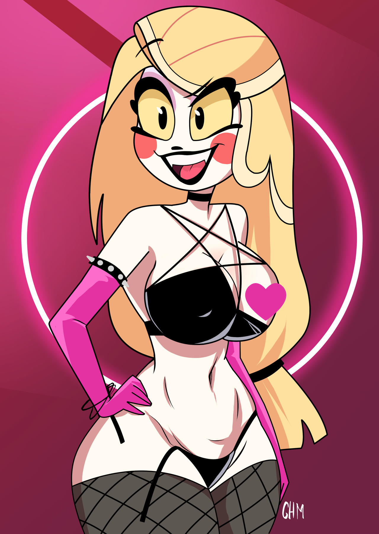 1girls, 2d, big breasts, breasts, charlie morningstar (hazbin hotel), cleavage, female, female only, fishnet legwear, fishnets, ghostlessm, hazbin hotel, light skin, light-skinned female, lingerie, straight hair, thick thighs, wide hips