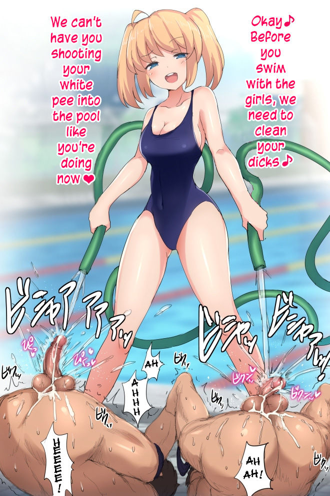 1girls, 2boys, balls, big breasts, bigger female, blonde female, blonde hair, blue eyes, breasts, clothed female nude male, competition swimsuit, cum, doskoinpo, english text, eyebrows visible through hair, faceless, faceless male, female, femdom, hose, humiliation, large breasts, male, medium penis, multiple boys, multiple males, nude, one-piece swimsuit, penis, pool, premature ejaculation, smaller male, swimsuit, testicles, text, thick thighs, torture, uncensored, water blast, water gush, wet