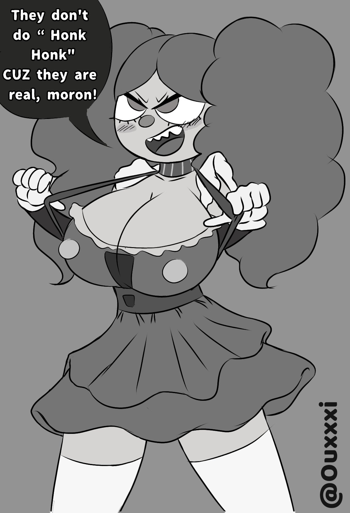 alive black_and_white clown clown_girl clown_nose curly_hair dialogue dress female genderbent gloves grunt madness_combat no_color rule_63 rule_63 rule_63 sharp_teeth solo stockings text text_bubble tricky_the_clown