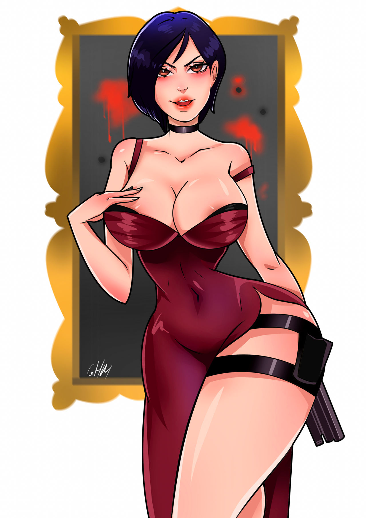 1girls, 2d, ada wong, ada wong (caroline ribeiro), areola slip, blush, breasts, capcom, choker, cleavage, female, female only, ghostlessm, large breasts, light skin, light-skinned female, resident evil, resident evil 4, solo, thick thighs, wide hips