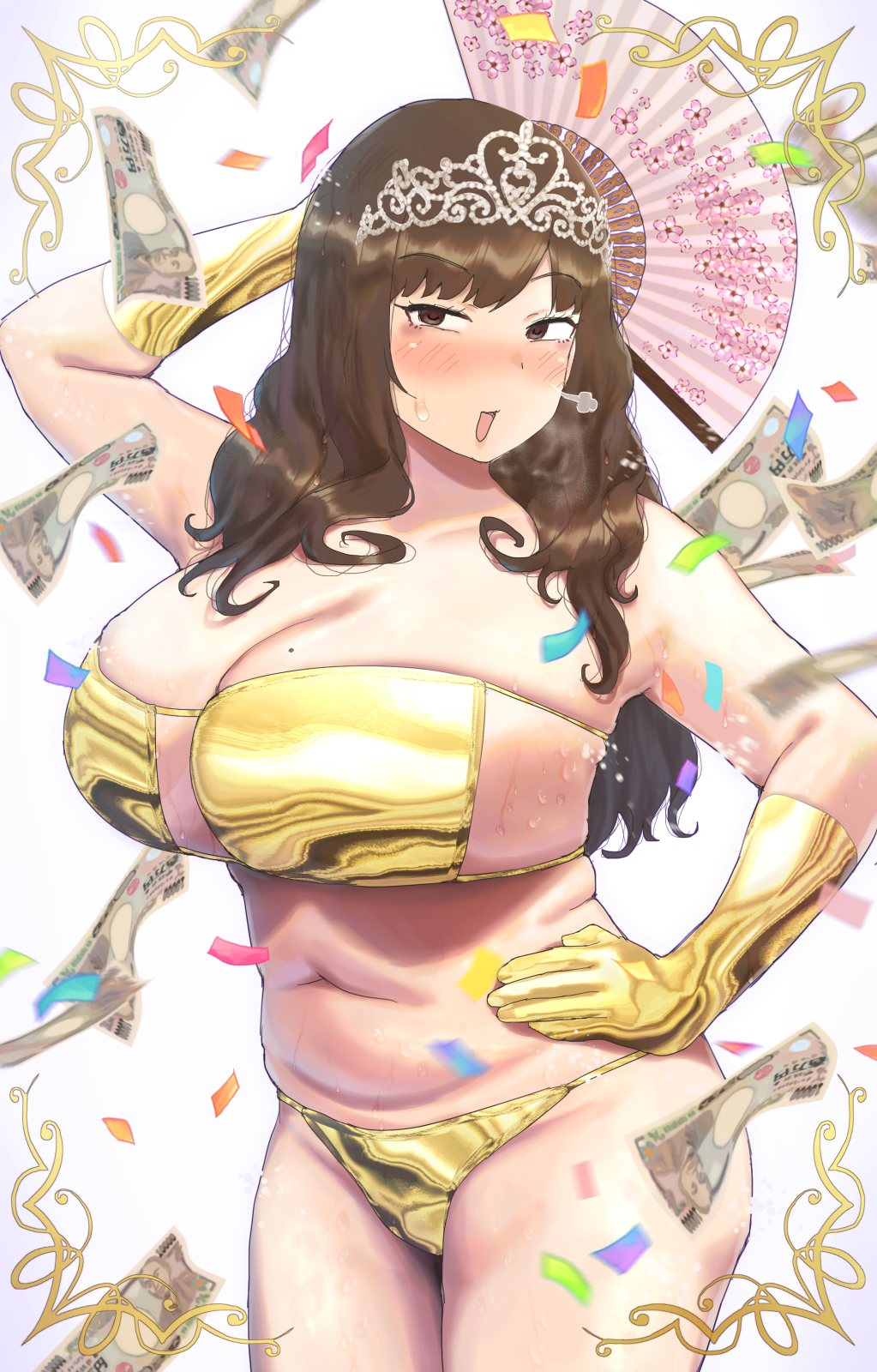 1girls 2022 arm_above_head asian asian_female big_ass big_breasts blush brown_eyes brunette busty celebration child_bearing_hips chubby curvy curvy_figure fan female female_only hand_on_hip long_hair looking_at_viewer money ryokucha_michi slightly_chubby thick_thighs voluptuous