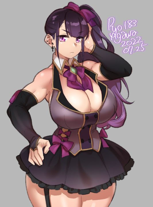 1girls, big breasts, breasts, female, idol, pink eyes, ponytail, ribbon, ryo agawa, serious, skirt, solo, solo female, tagme, thick thighs
