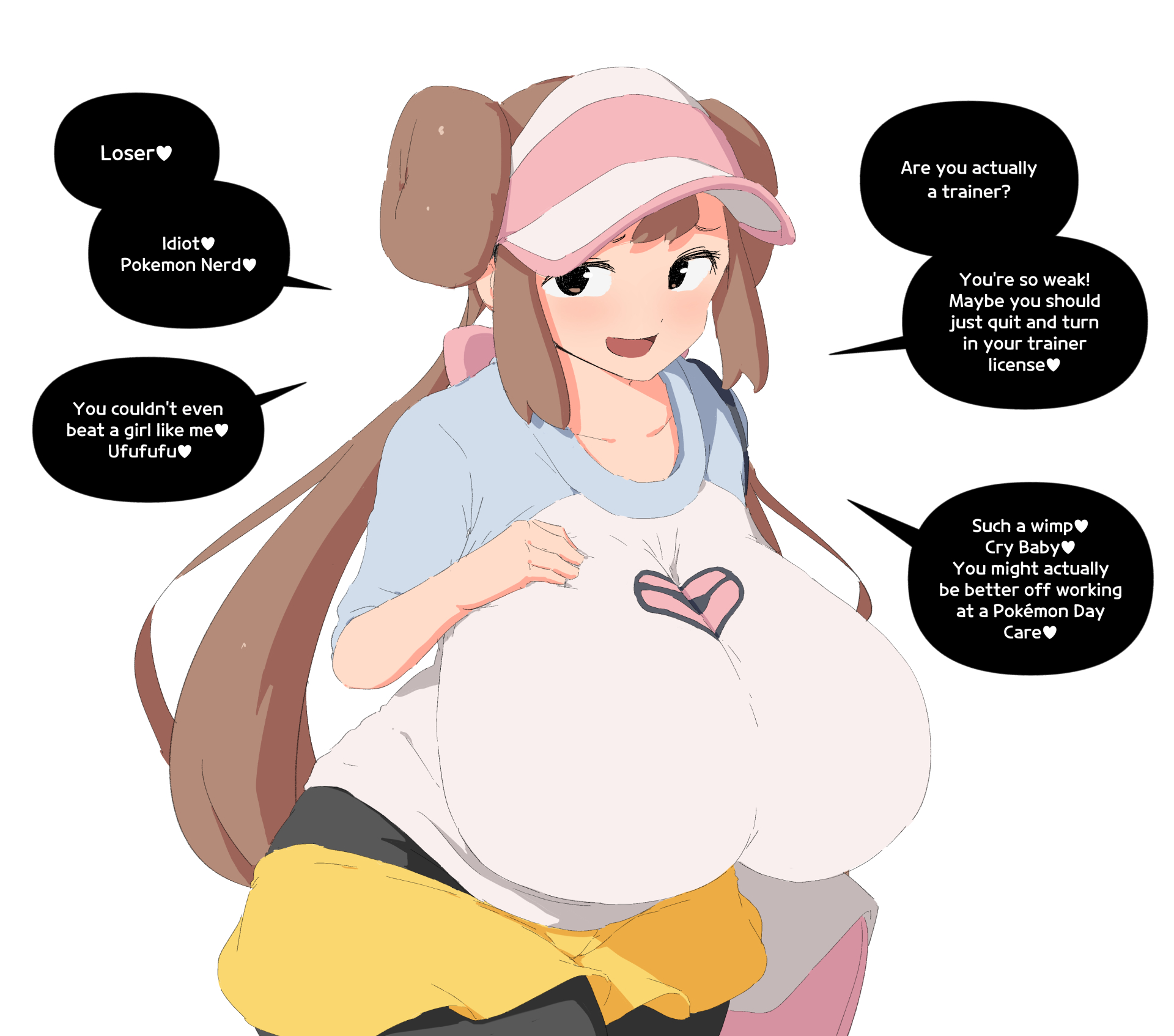 1girls, alternate breast size, berating viewer, breasts, brown hair, bullying, clothed, dialogue, english text, female, hay, huge breasts, light skin, light-skinned female, long hair, massive breasts, mesugaki, nintendo, pokemon, pokemon bw2, rosa (pokemon), smug, teasing, thick thighs, twin buns, twintails, verbal abuse, wide hips, woohyoot