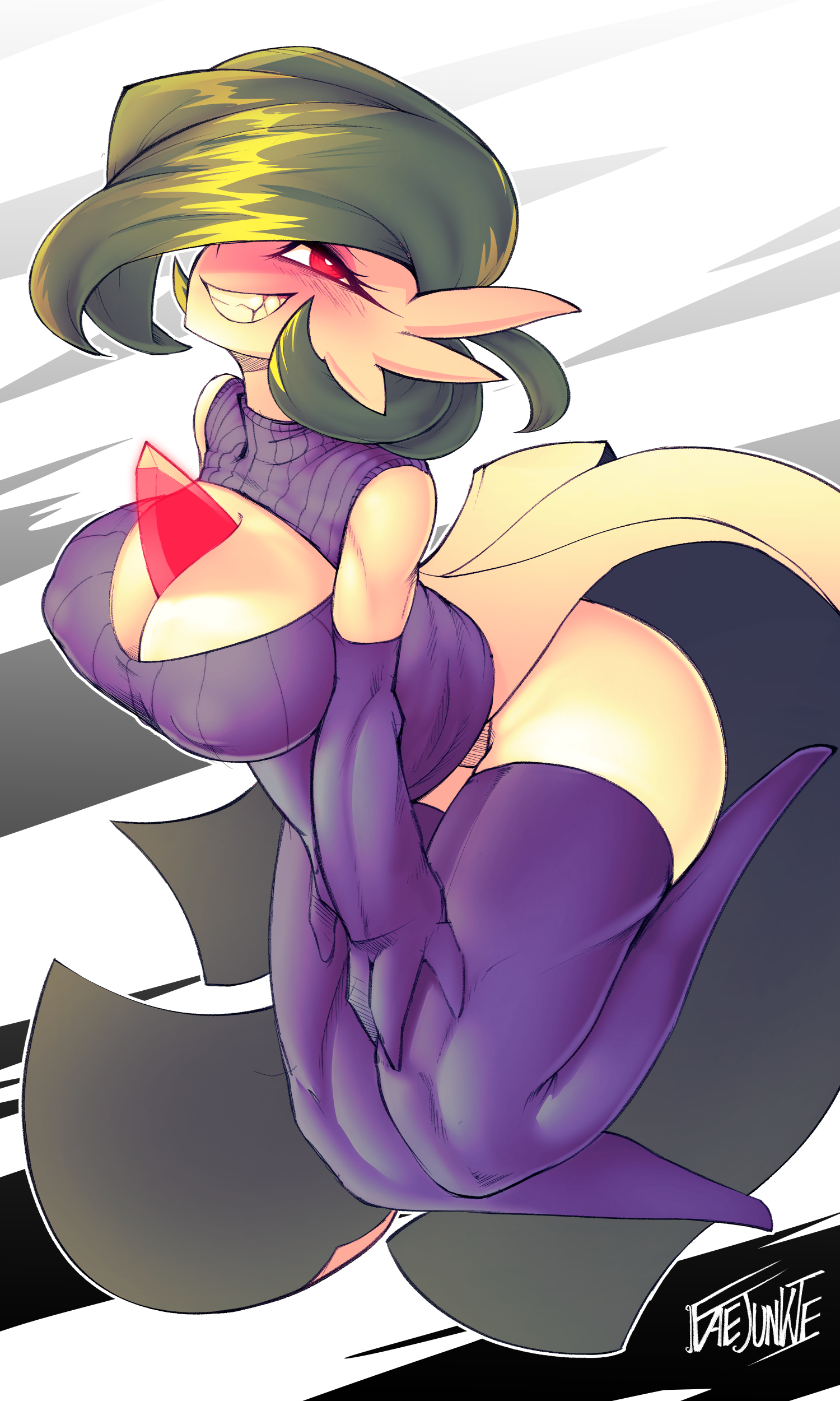 1girls, 2022, absurd res, anthro, ass, breasts, chest spike, cleavage, cleavage cutout, cleavage window, faejunkie, female, female only, gardevoir, green hair, grin, hips, huge breasts, large ass, looking at viewer, nintendo, no panties, pokémon (species), pokemon, pokemon (species), red eyes, short hair, slim waist, sweater, thick thighs, thighhighs, thighs, white body, white skin, wide hips